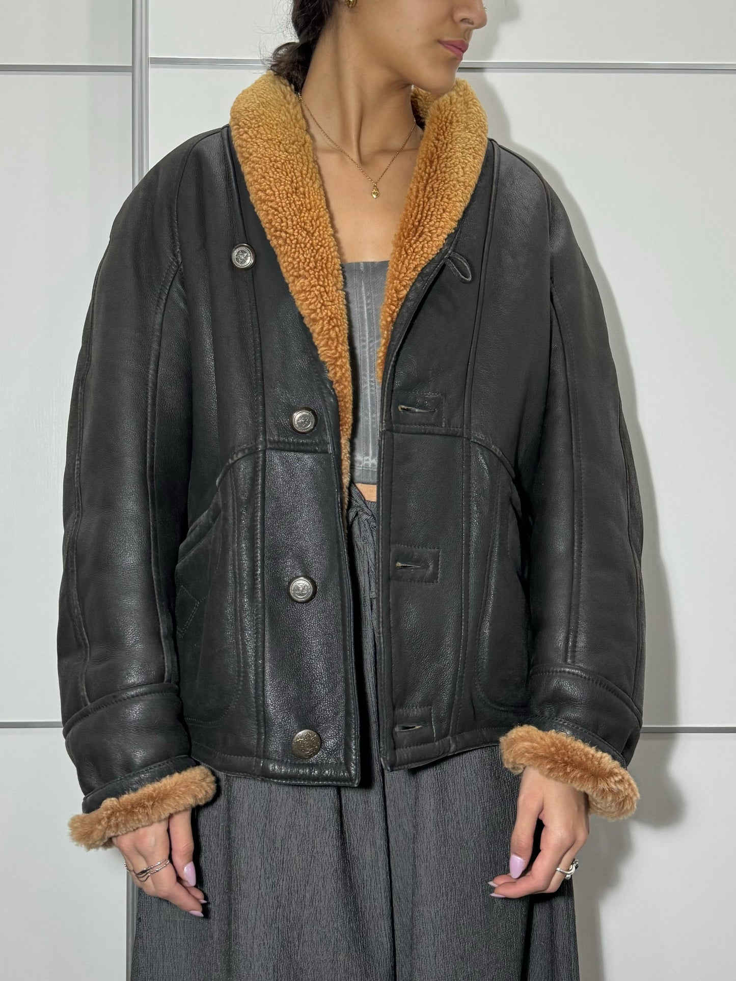 Bomber in montone Shearling testa di moro, taglia 48it uomo