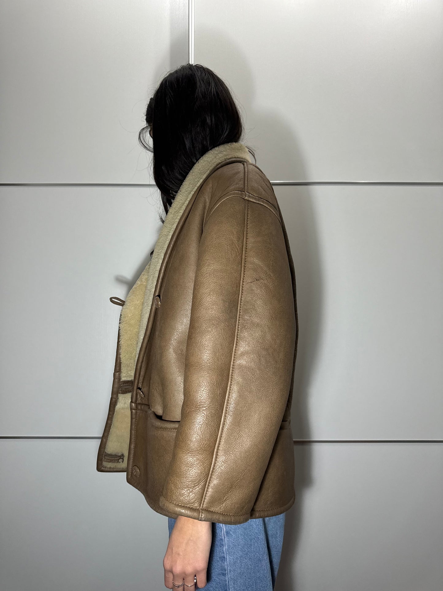 Montone originale Shearling in pelle nocciola, rara taglia piccola da donna