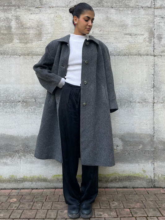 Cappotto sartoriale lungo monopetto, in misto lana e alpaca