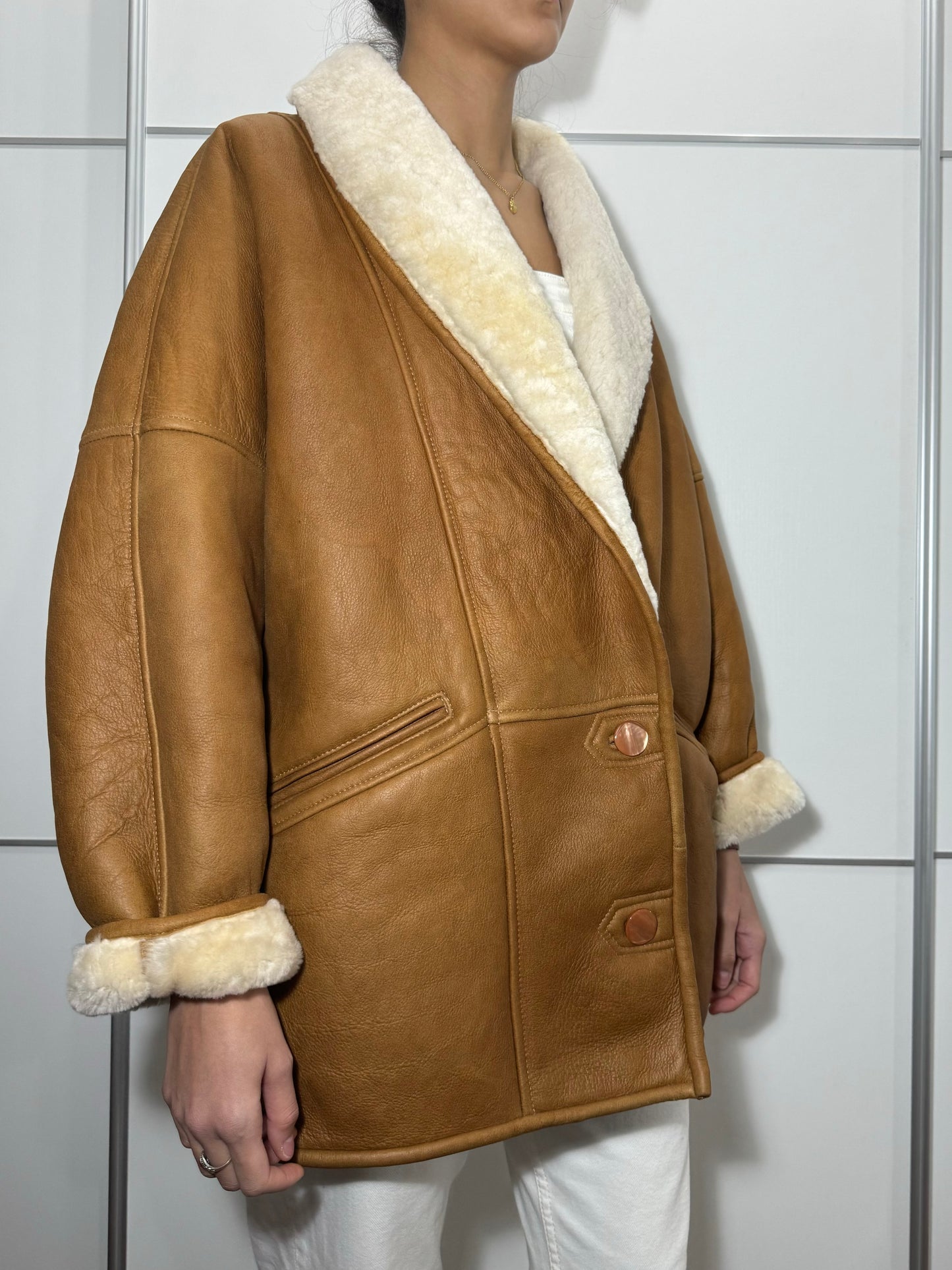 Montone originale Shearling in pelle caramello - taglia 46it donna