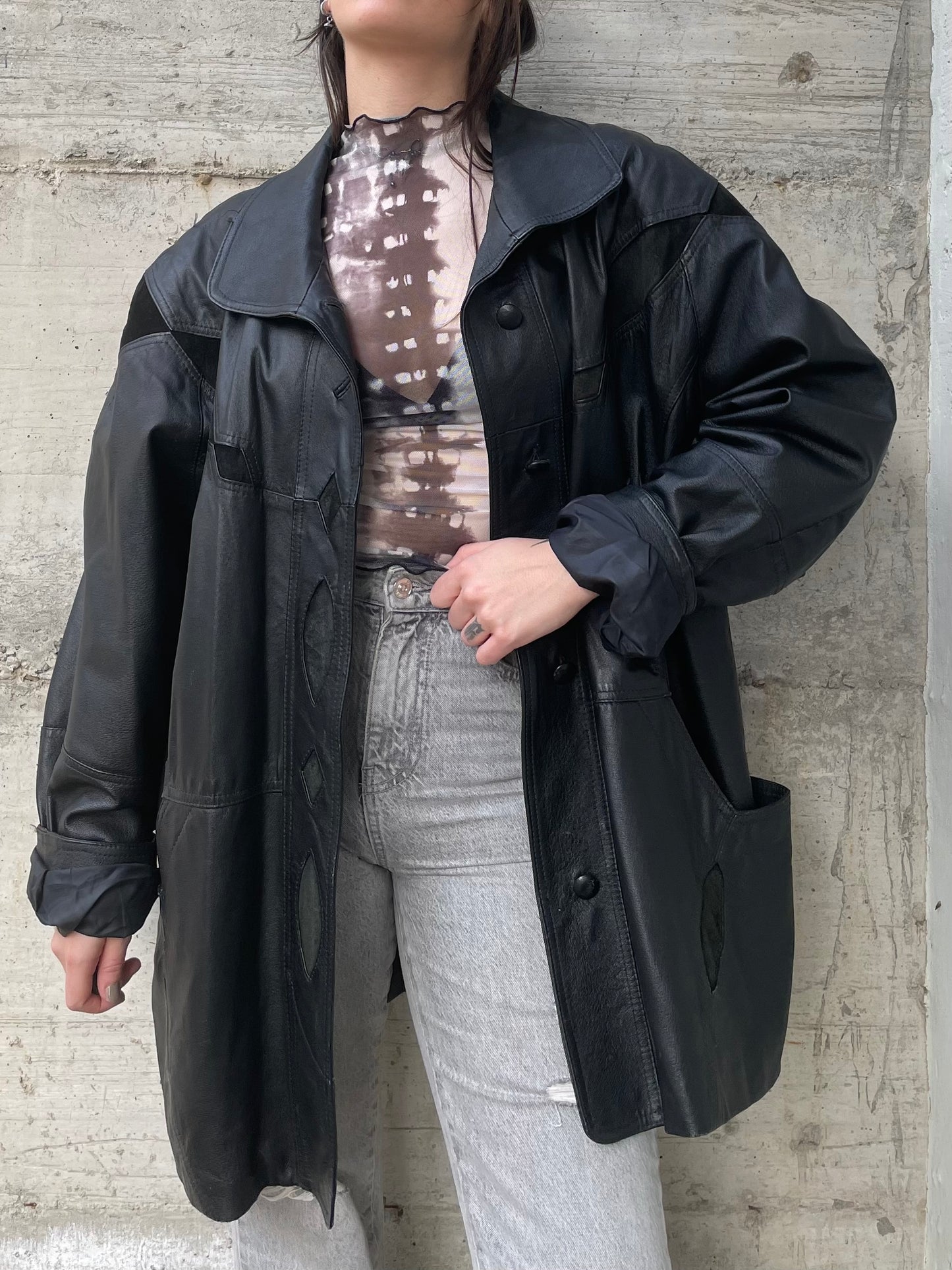 Giacca 80s vera pelle nera - inserti camoscio