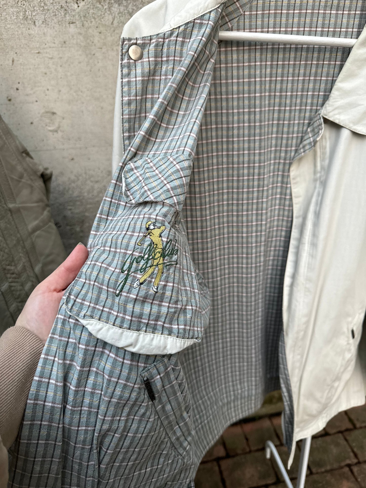 Bomber reversibile ghiaccio in 100% cotone, lato interno tartan sui toni del turchese