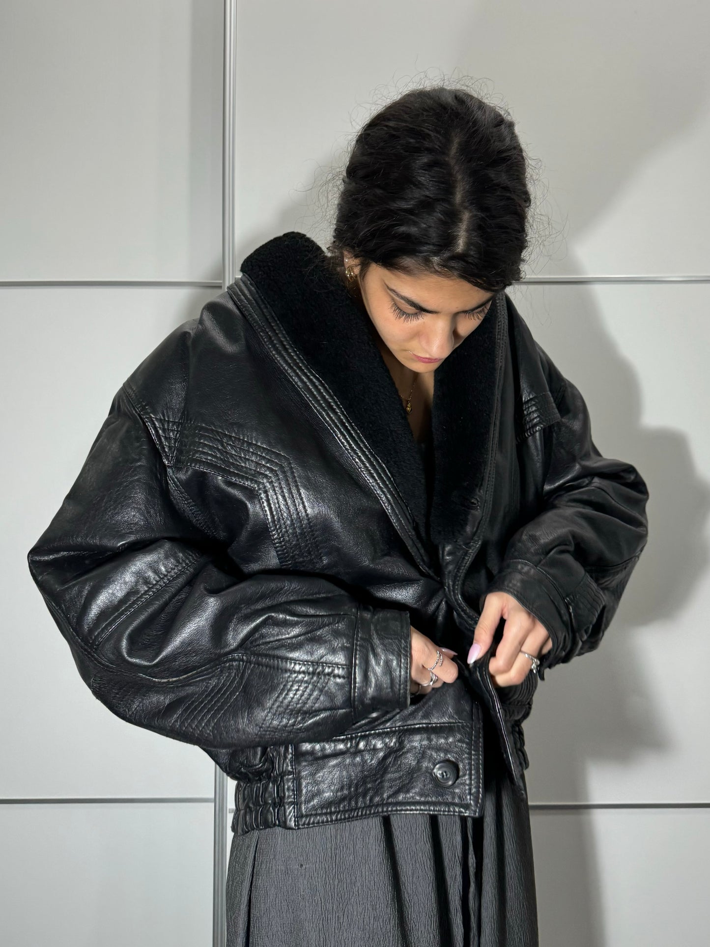 Bomber in vera pelle trapuntato con rever in montone, taglia 48it uomo