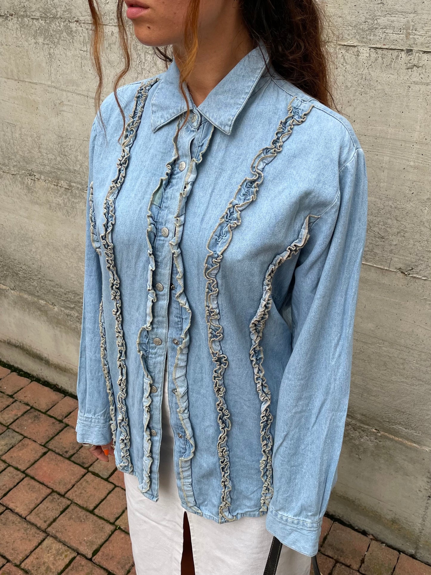 Camicia denim lavaggio chiaro, rouges frontali - taglia M