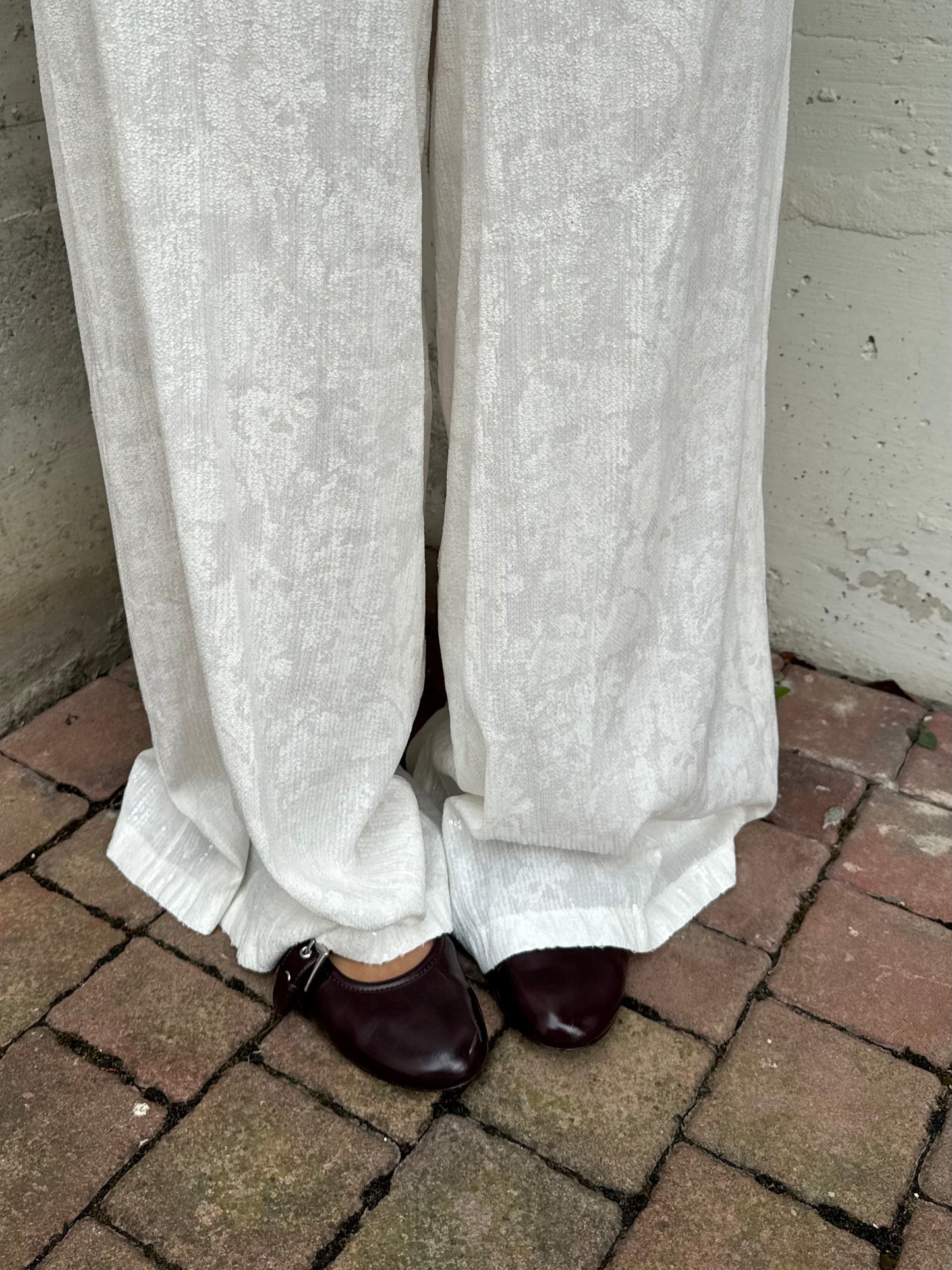 Pantapalazzo bianco lavorato con paillettes in misto viscosa, taglia M