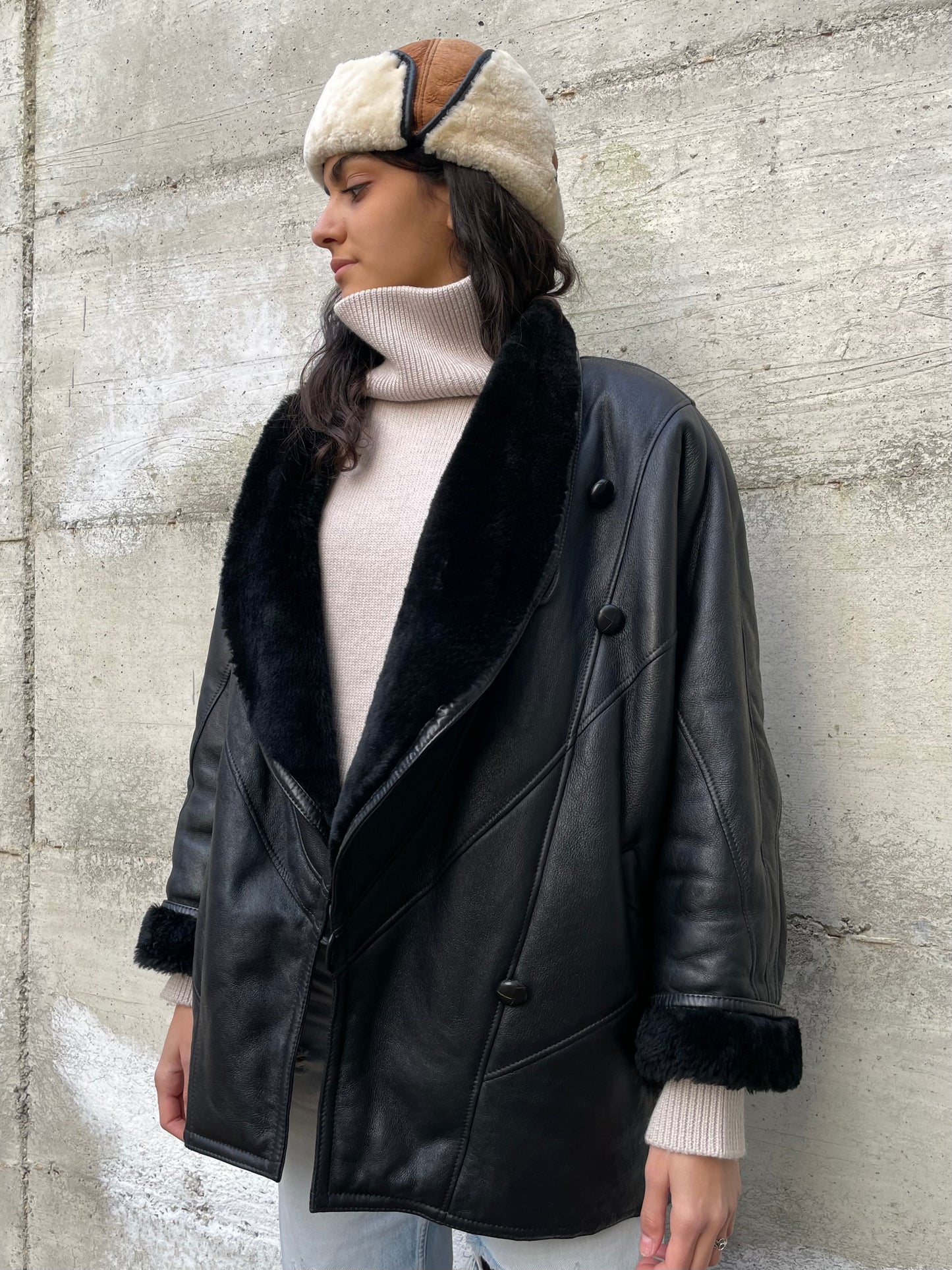 Montone donna originale Shearling 80s, esterno in pelle e interno a pelo raso, in rara taglia piccola
