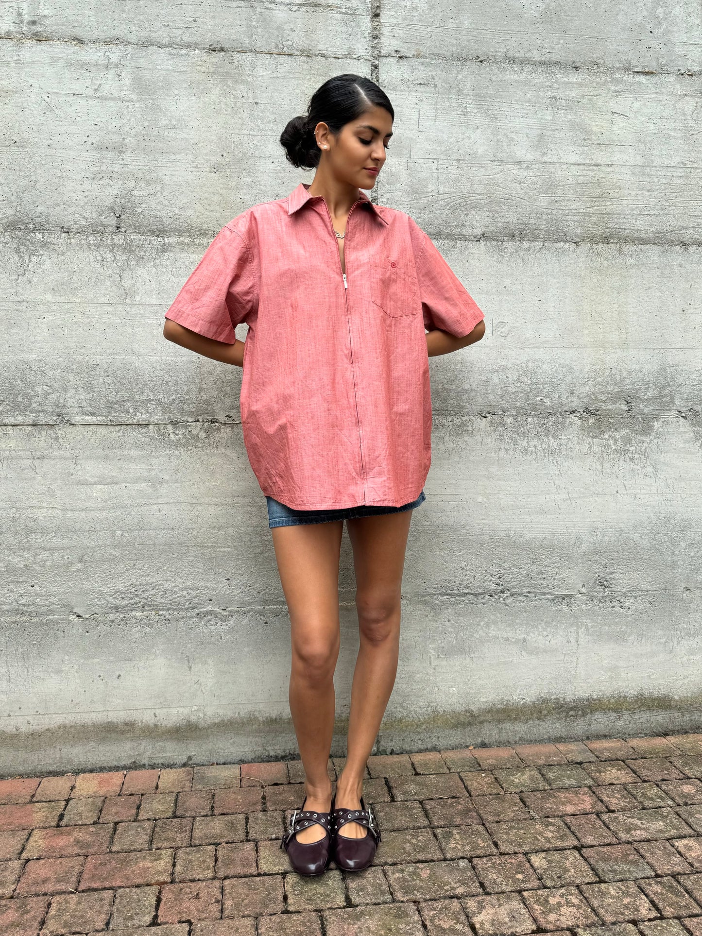 Camicia 90s con cerniera rosso melange
