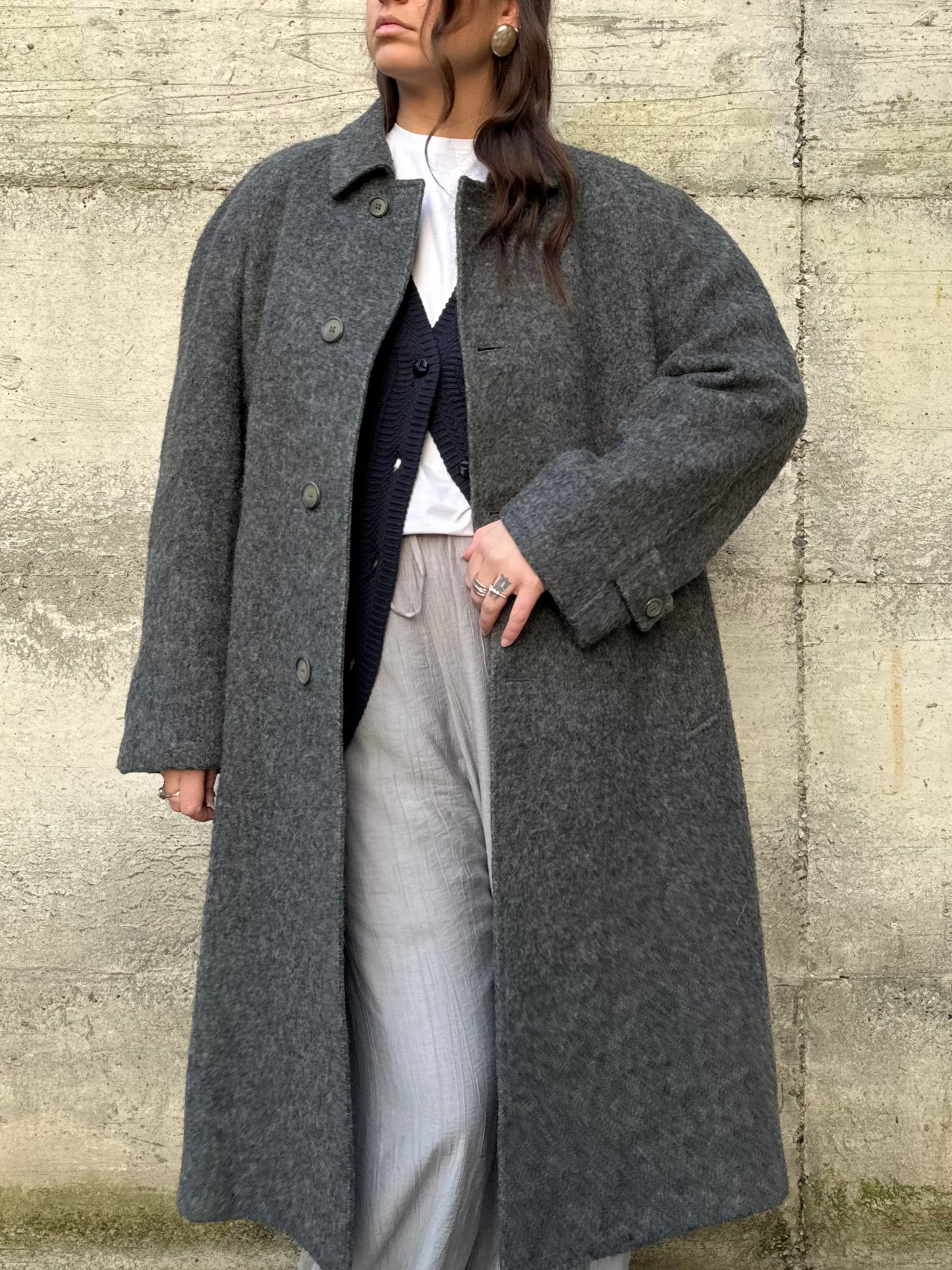 Cappotto lungo sartoriale grigio in misto lana e alpaca