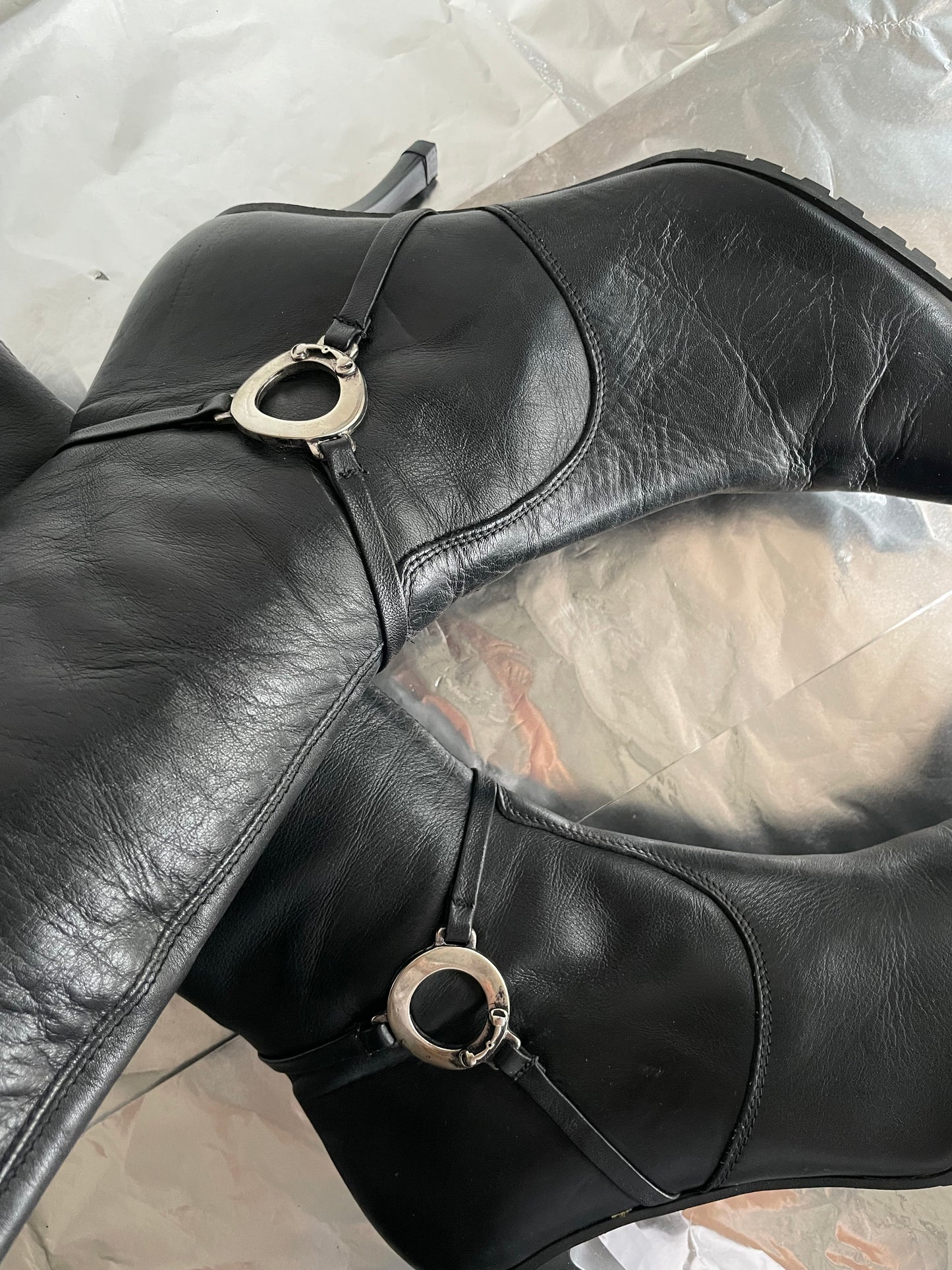 EU 39 - Stivale vintage vera pelle nero a punta, tacco 8cm