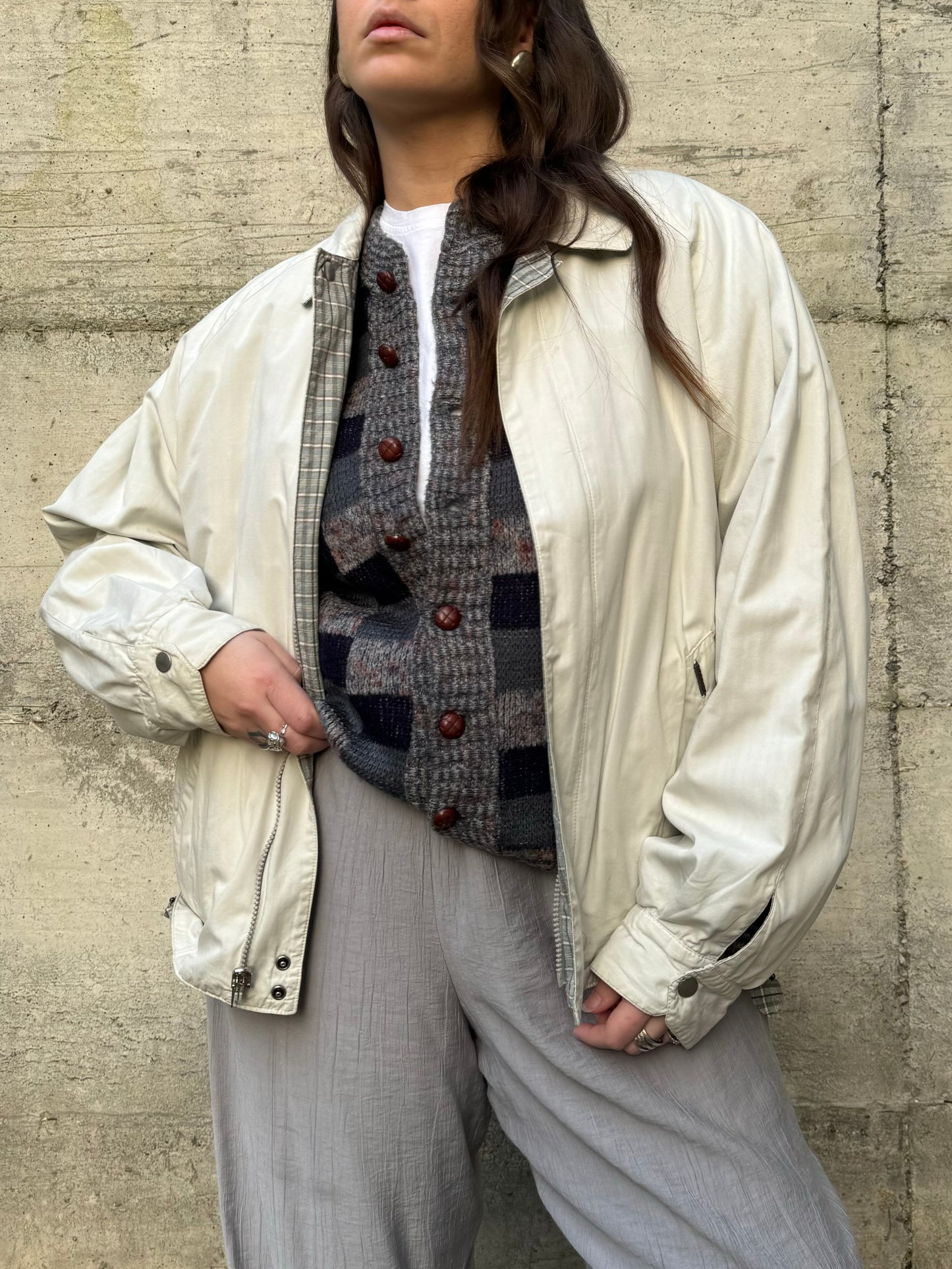 Bomber reversibile ghiaccio in 100% cotone, lato interno tartan sui toni del turchese