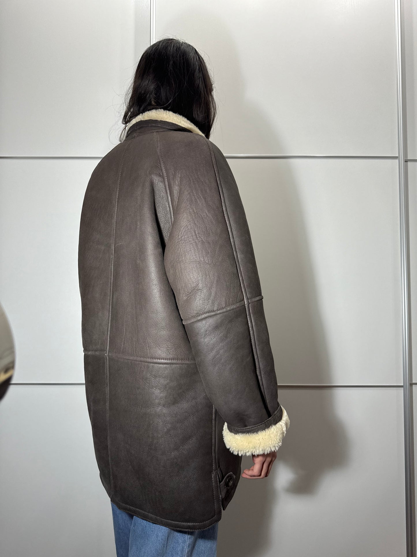 Montone originale Shearling in pelle testa di moro, taglia M uomo