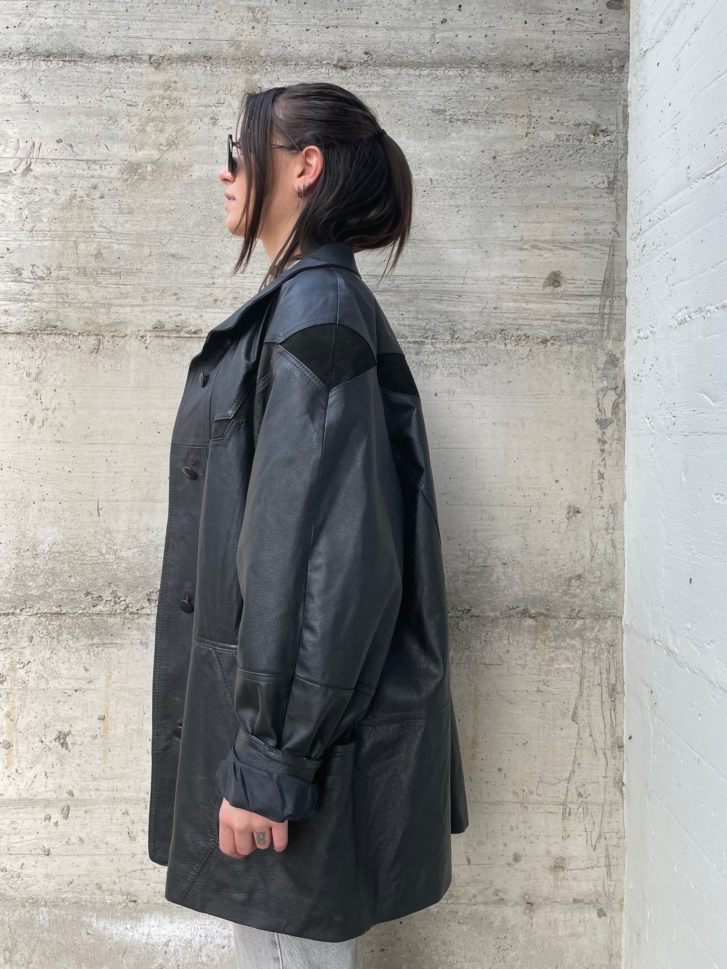 Giacca 80s vera pelle nera - inserti camoscio