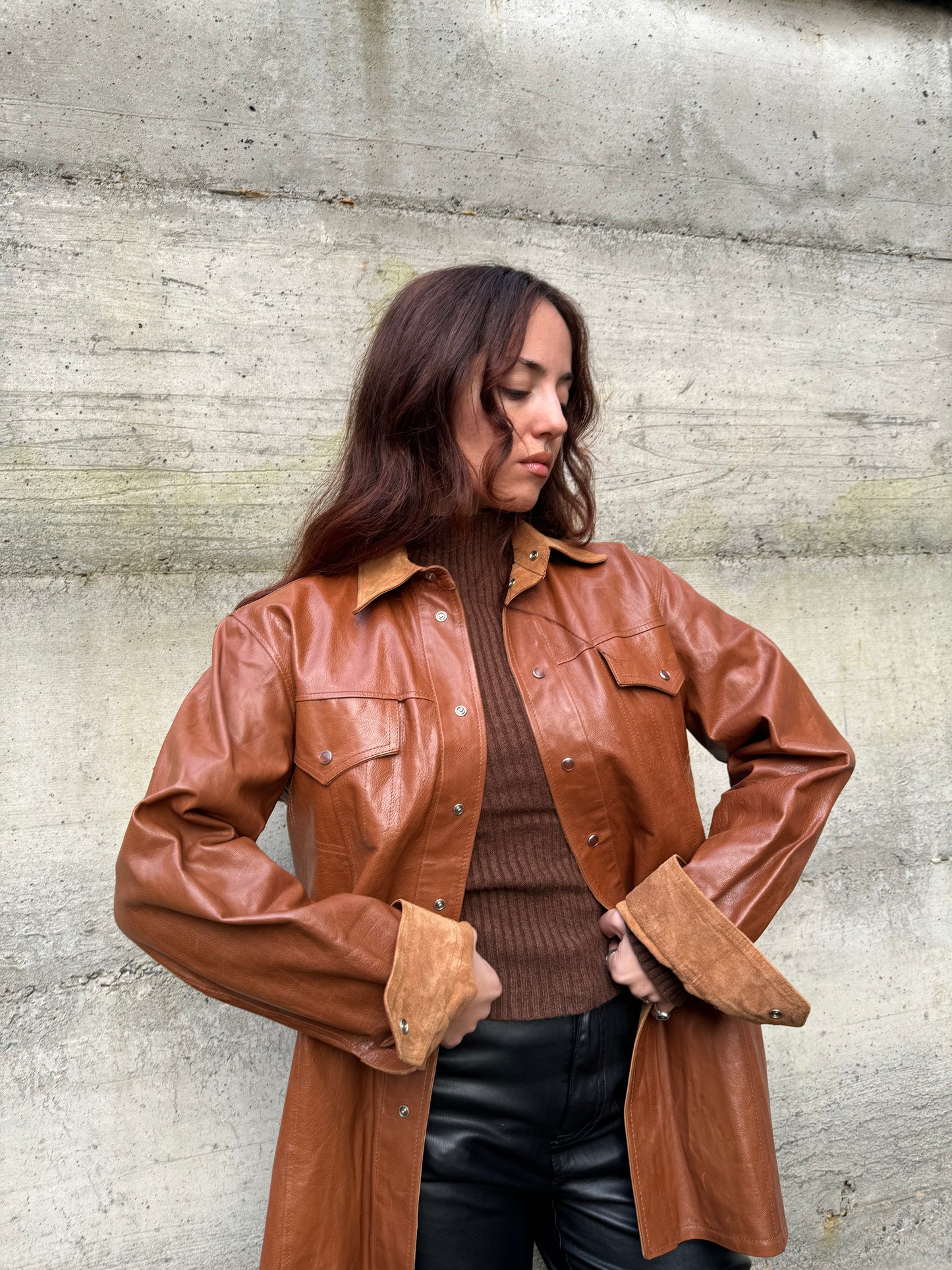 Overshirt double face in cuoio e renna color cognac