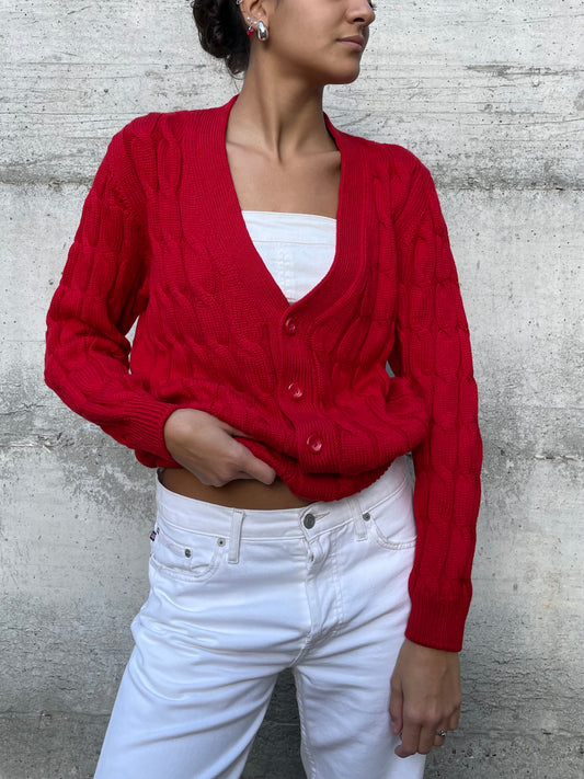 Cardigan sartoriale misto lana e cotone, rosso acceso - taglia M