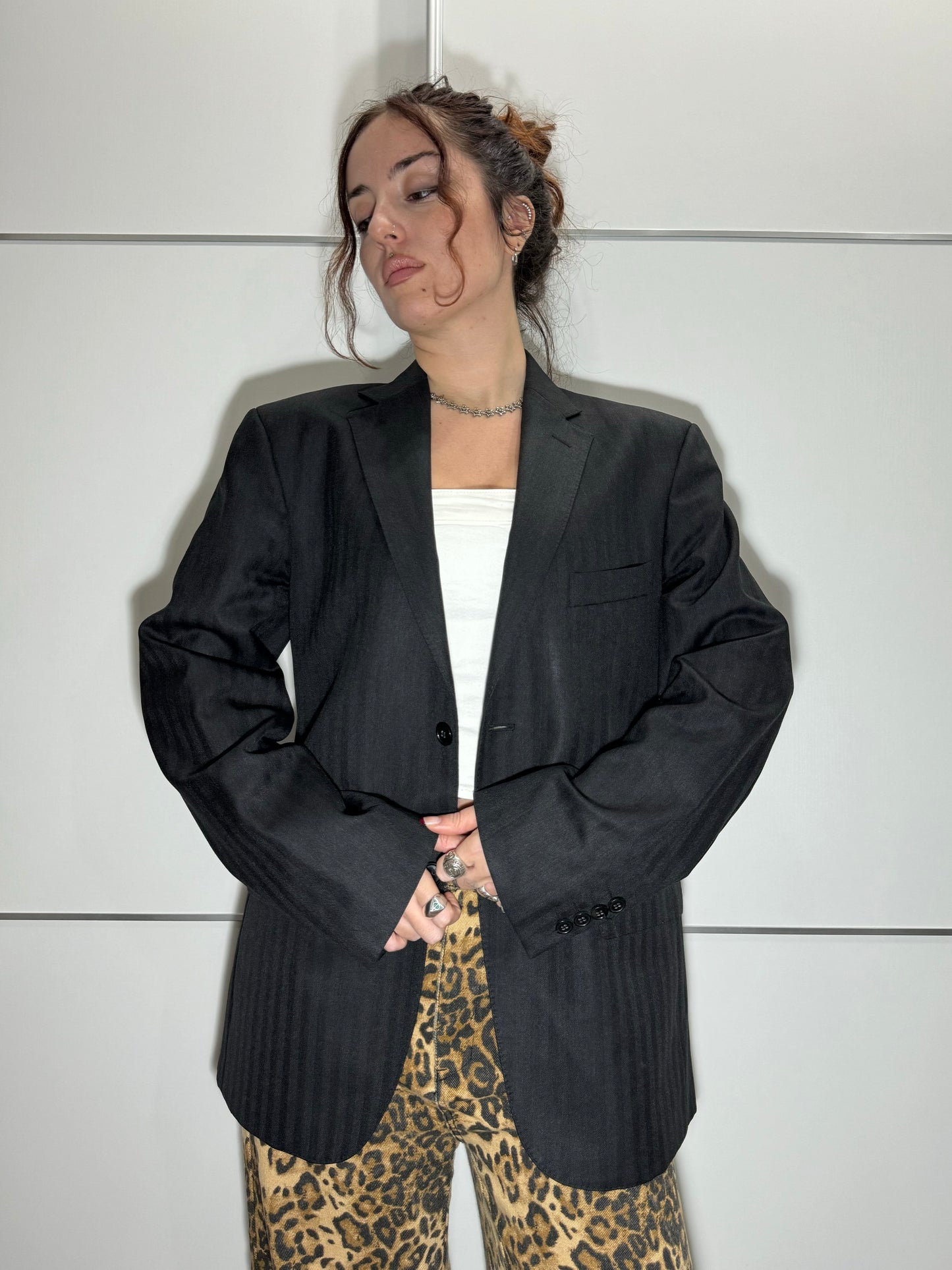 Blazer sartoriale oversize nero gessato, 100% lana