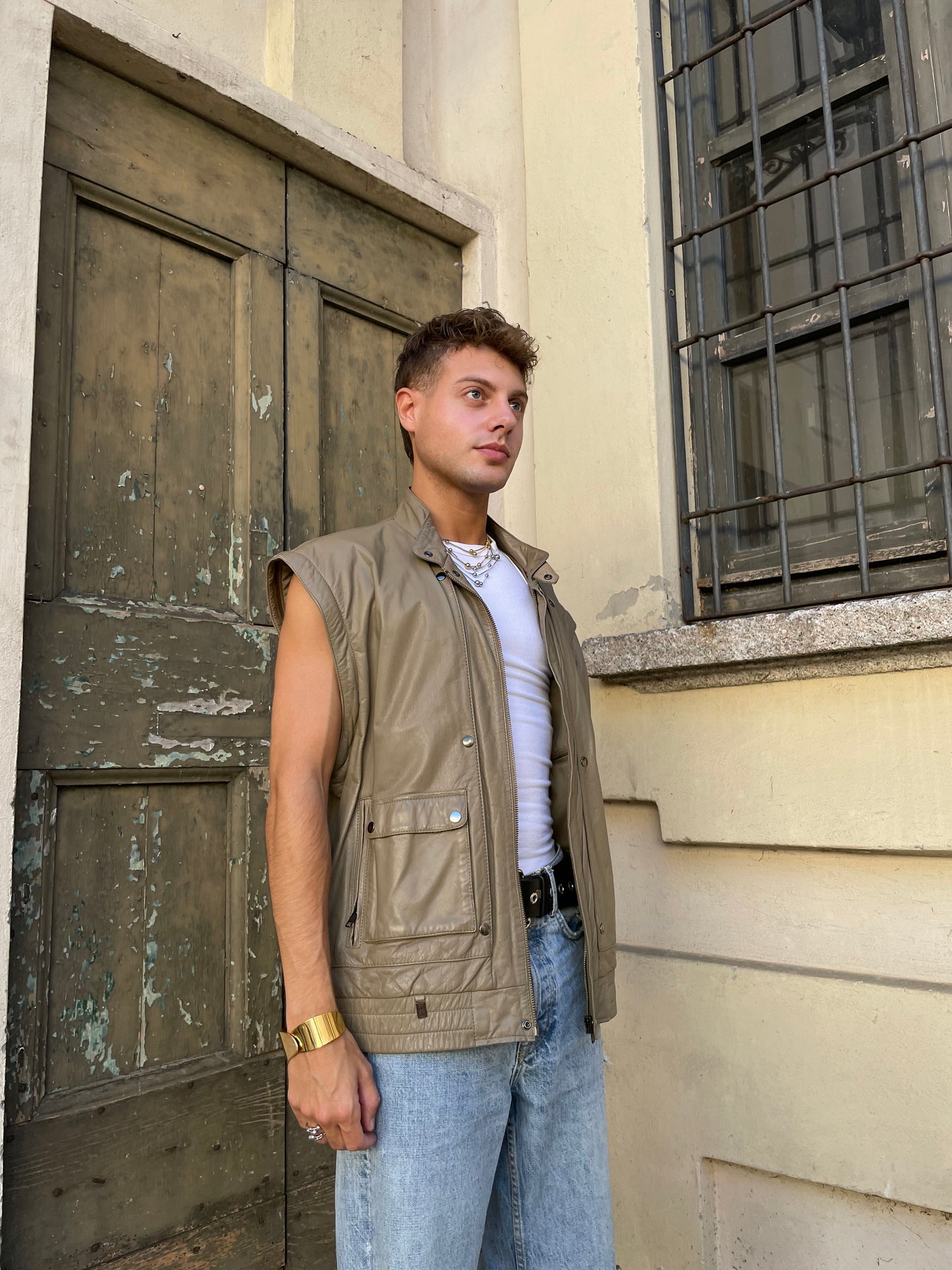 Bomber smanicabile vera pelle beige - M uomo