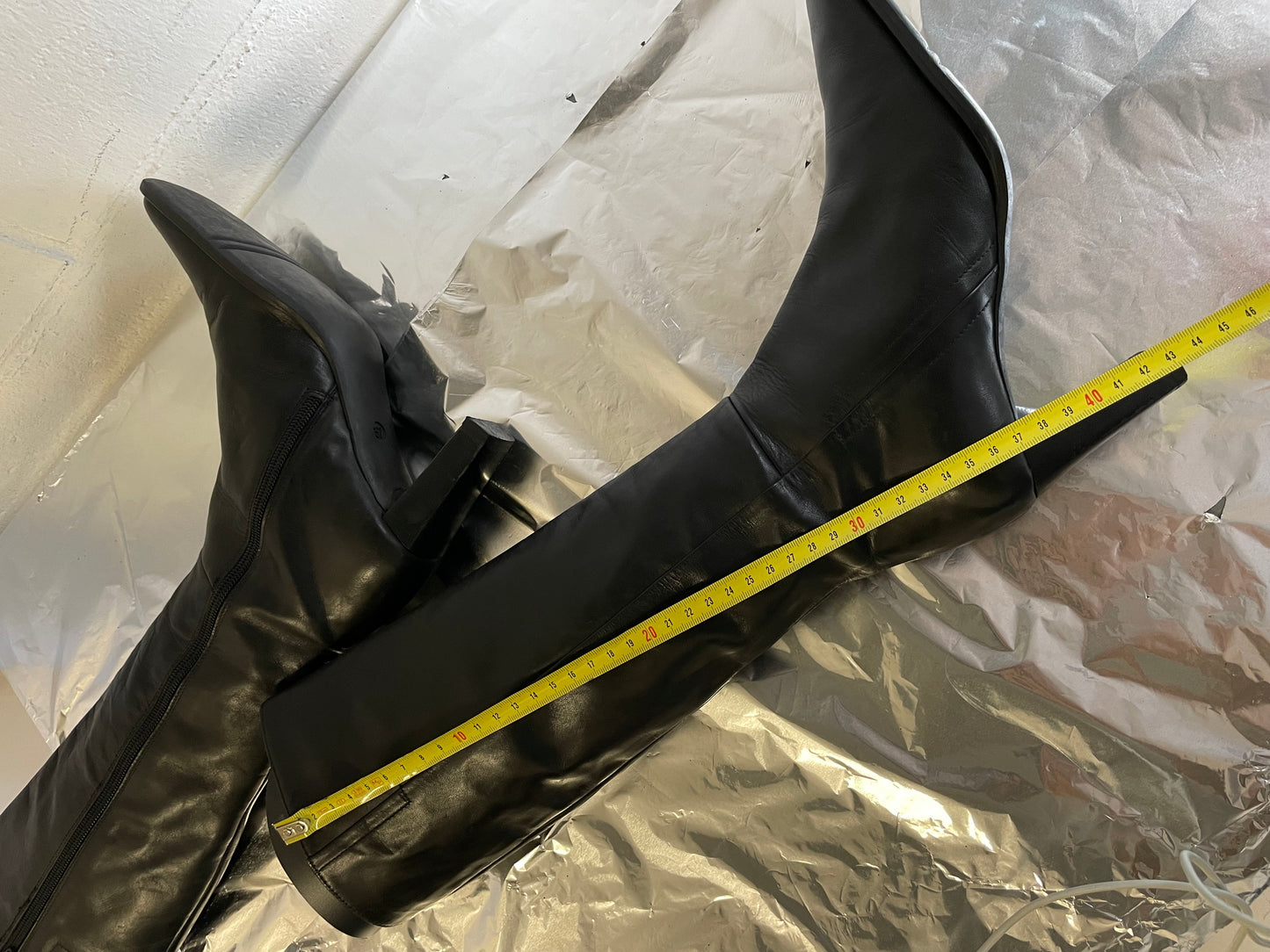 EU 37 - Stivale vintage vera pelle nero, punta quadrata e tacco grosso 7cm