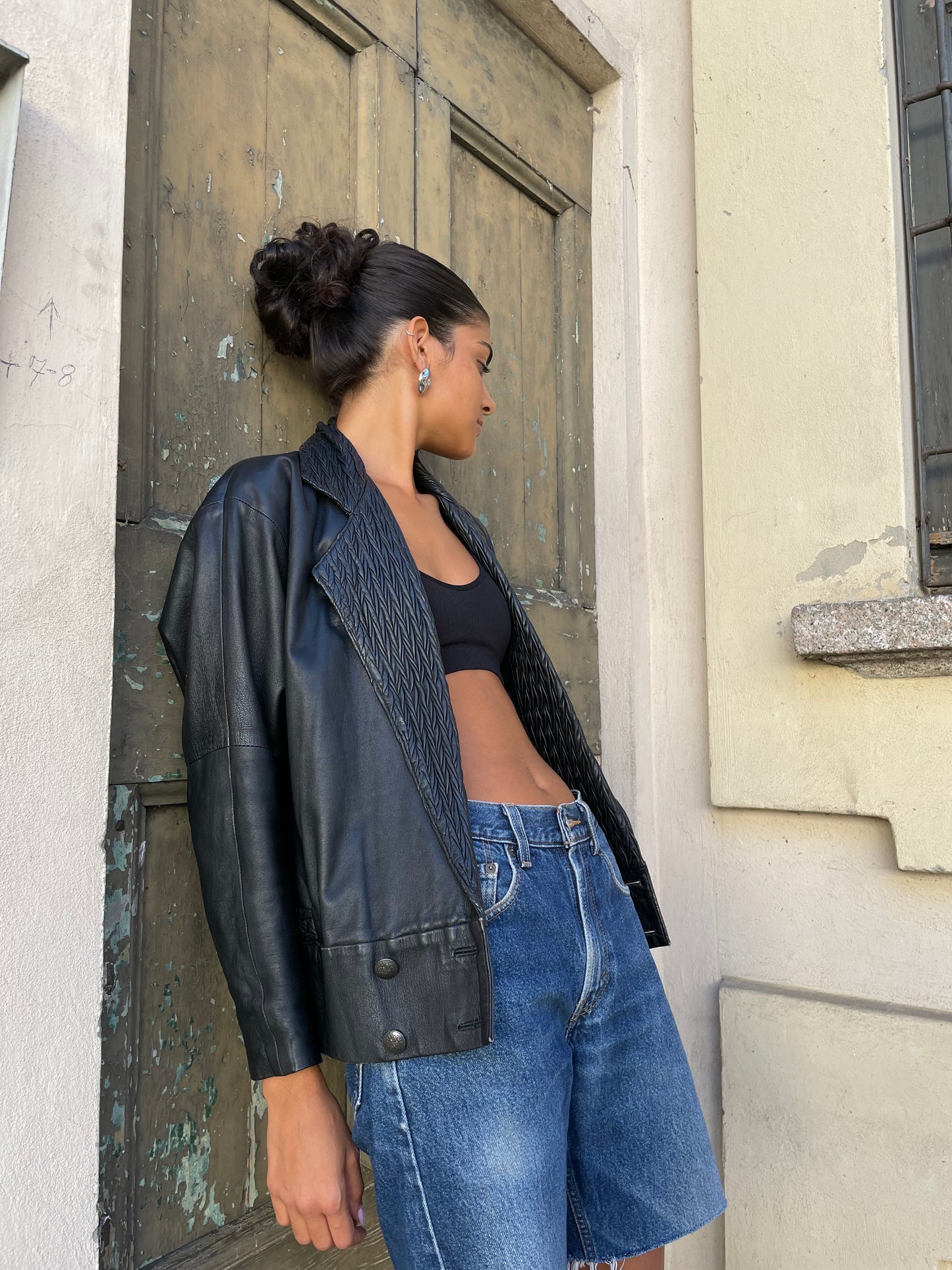 Giacca in nappa nera lavorata, vera pelle, taglia M donna