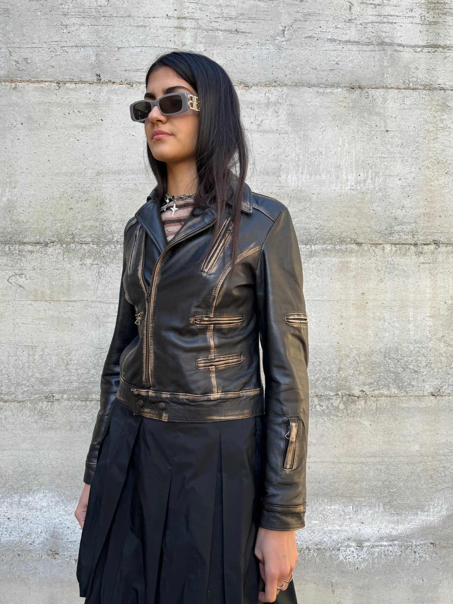 Biker slim in vera pelle nappata effetto used