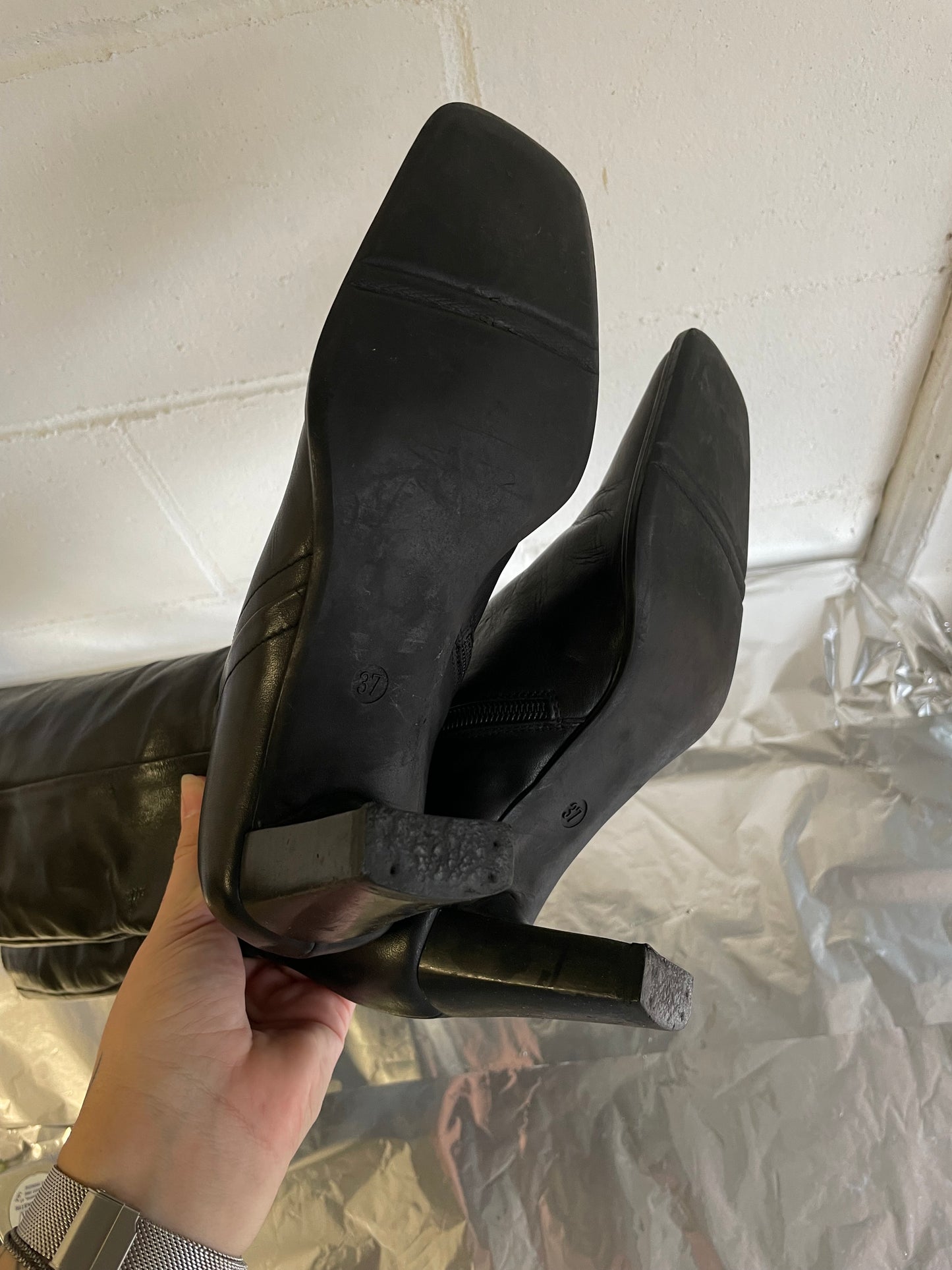 EU 37 - Stivale vintage vera pelle nero, punta quadrata e tacco grosso 7cm