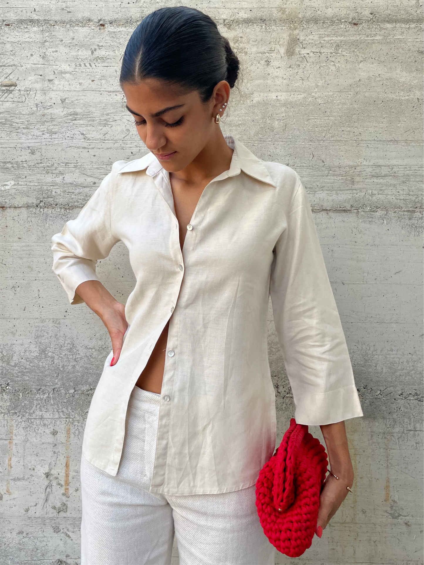 Camicia 100% lino sabbia manica a 3/4 - taglia S