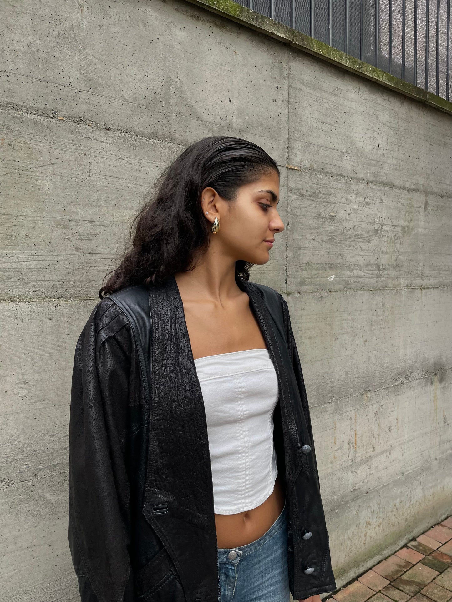 Giacca 80s lavorata in vera pelle nera - taglia M