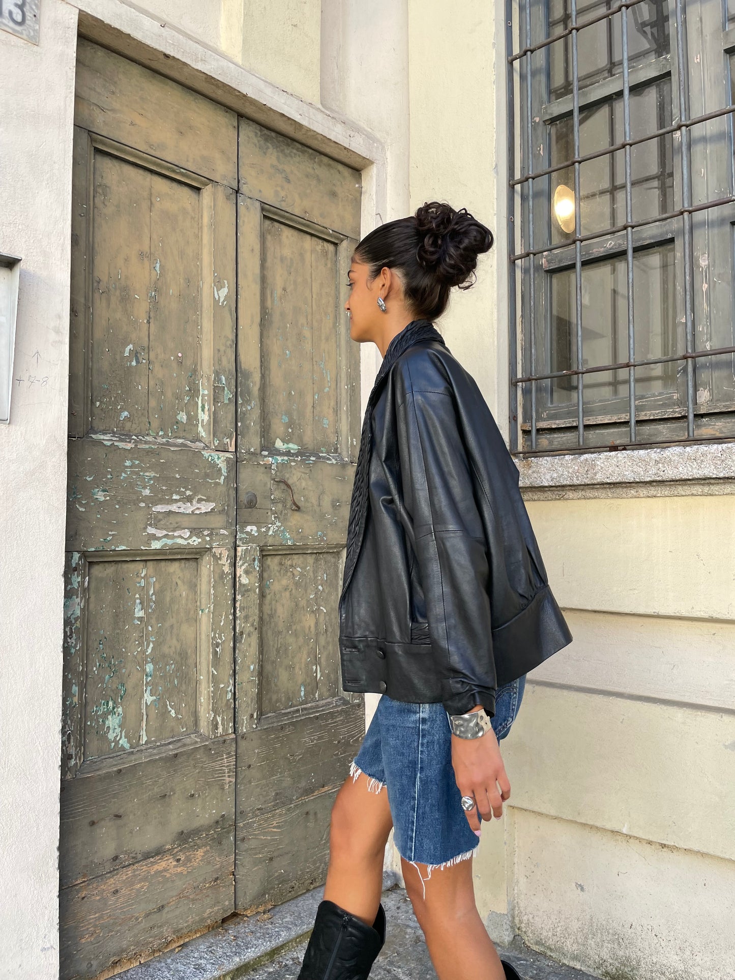 Giacca in nappa nera lavorata, vera pelle, taglia M donna