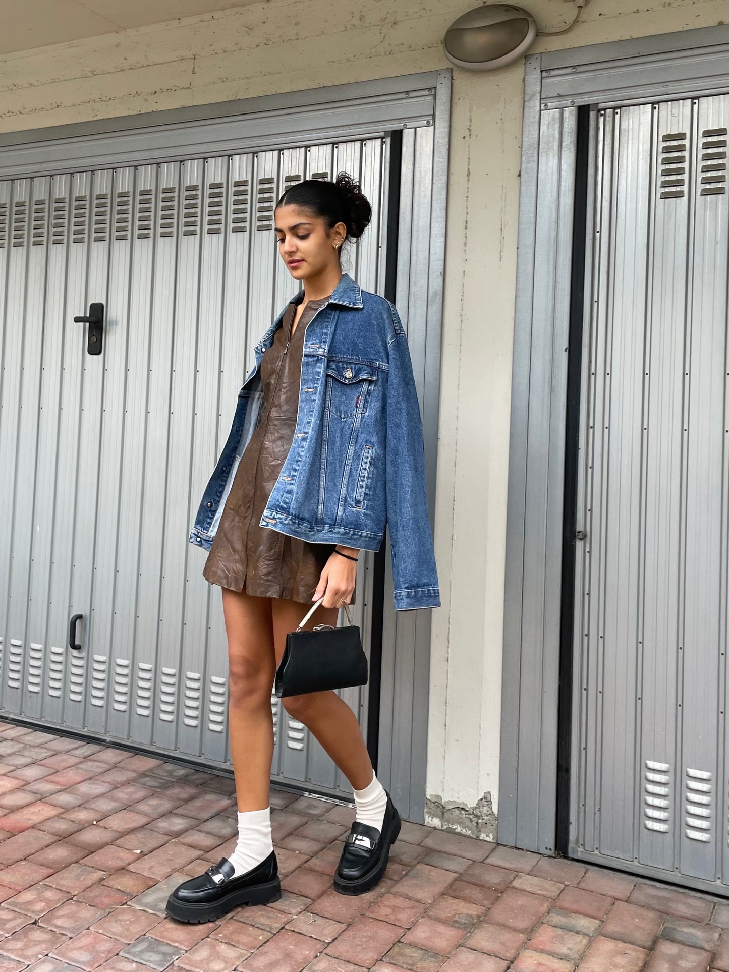 Minidress originale USA smanicato in vera pelle marrone sfumata - taglia S