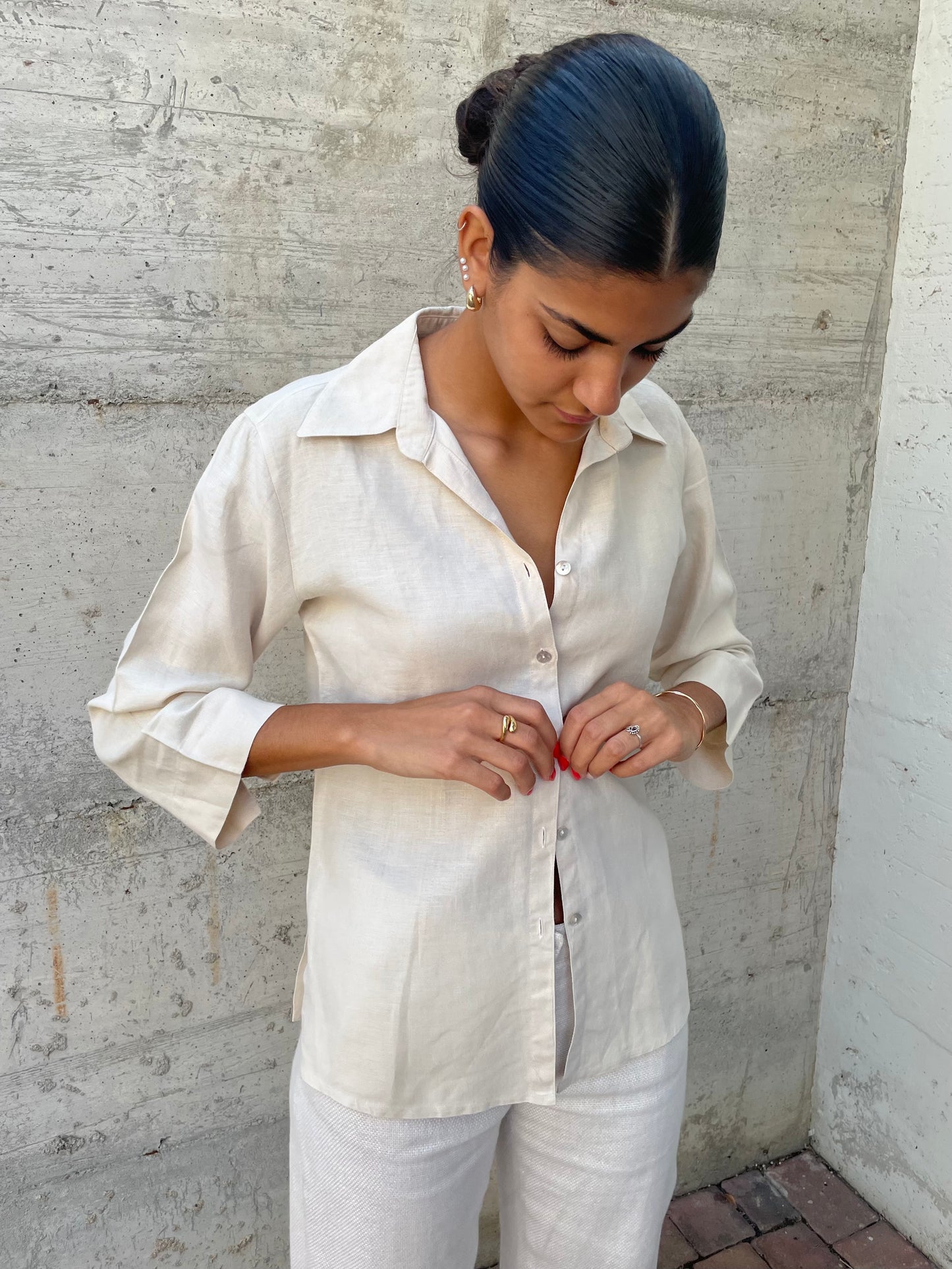 Camicia 100% lino sabbia manica a 3/4 - taglia S