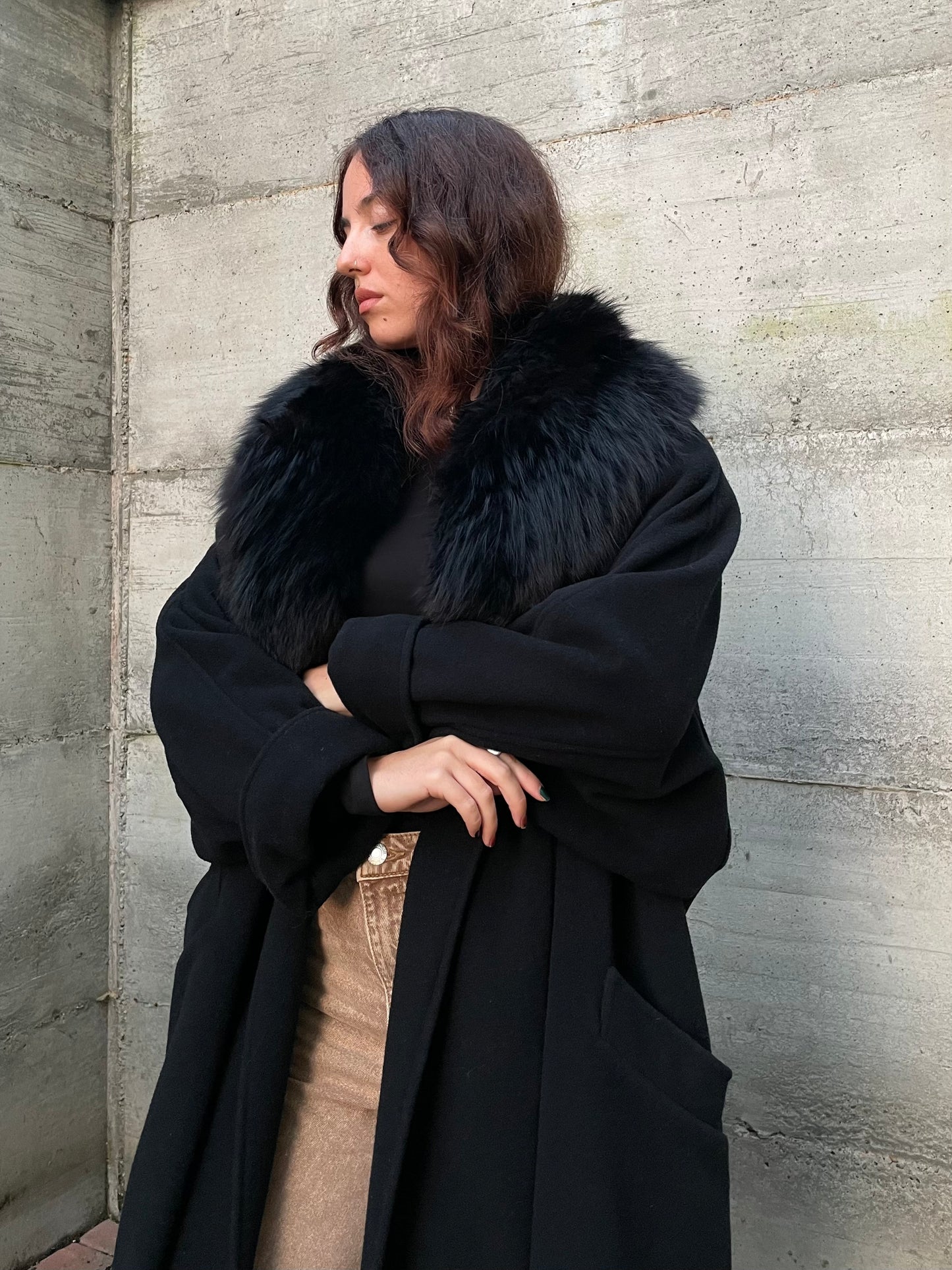 Maxi cappotto accappatoio sartoriale, 100% lana, collo in vera pelliccia - taglia unica