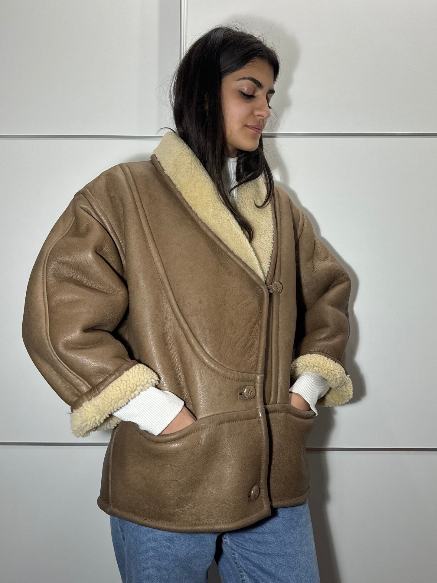 Montone originale Shearling in pelle nocciola, rara taglia piccola da donna