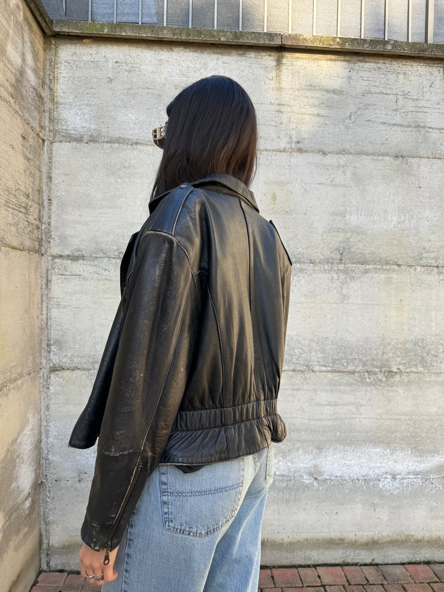 Bomber crop 80s in vera pelle nappata effetto used