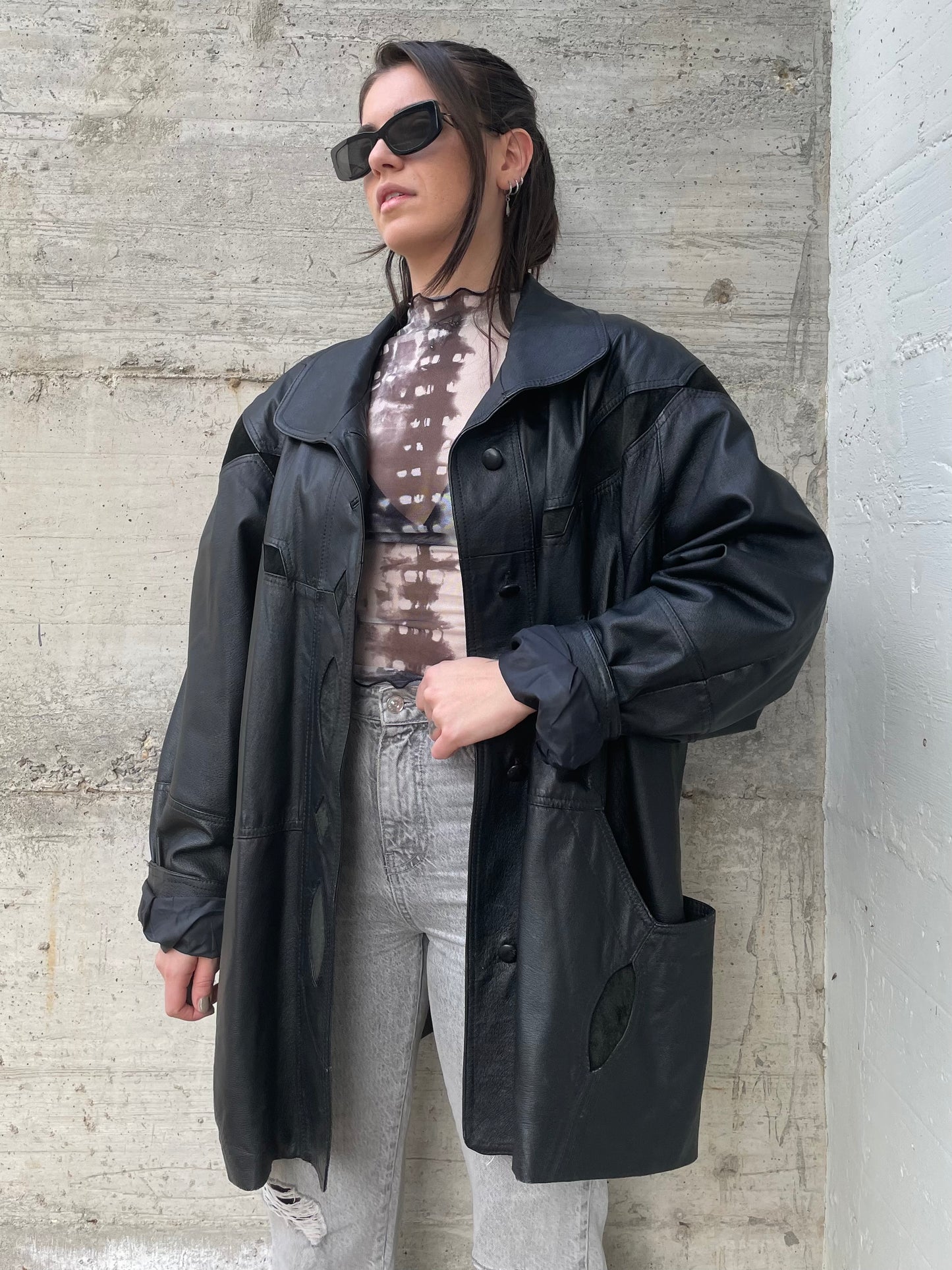 Giacca 80s vera pelle nera - inserti camoscio