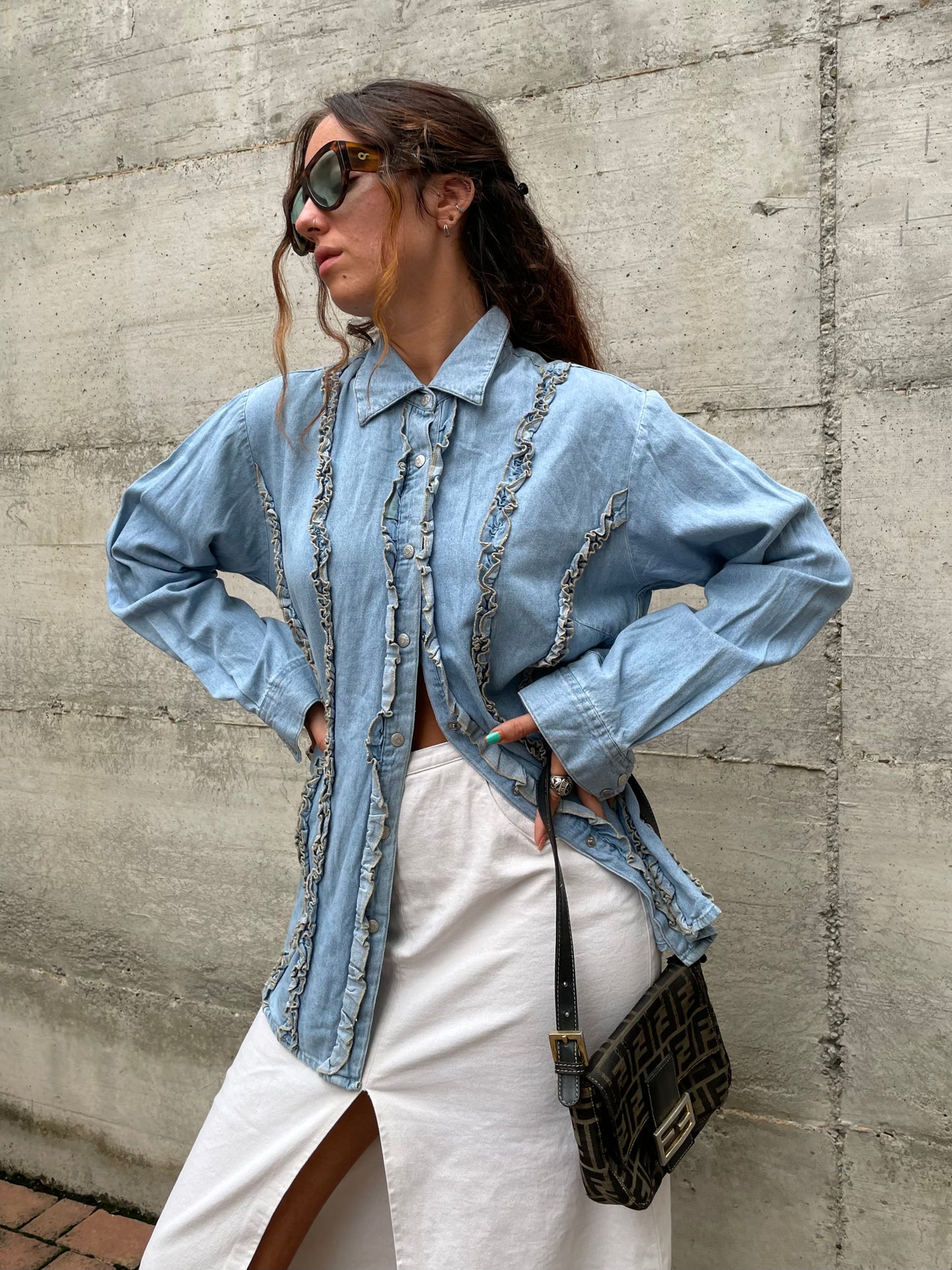 Camicia denim lavaggio chiaro, rouges frontali - taglia M