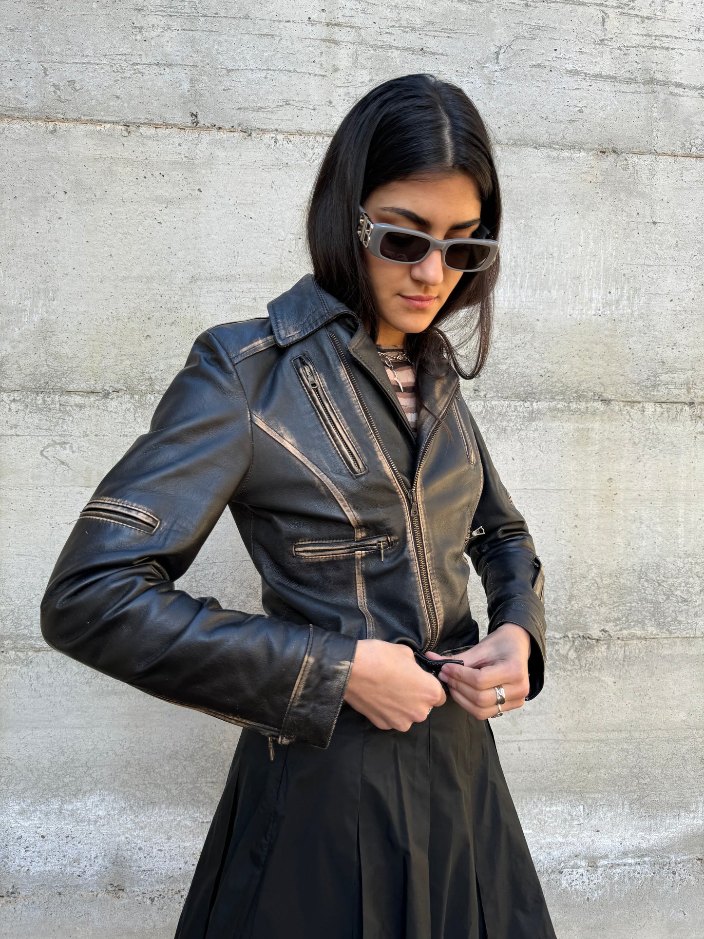 Biker slim in vera pelle nappata effetto used