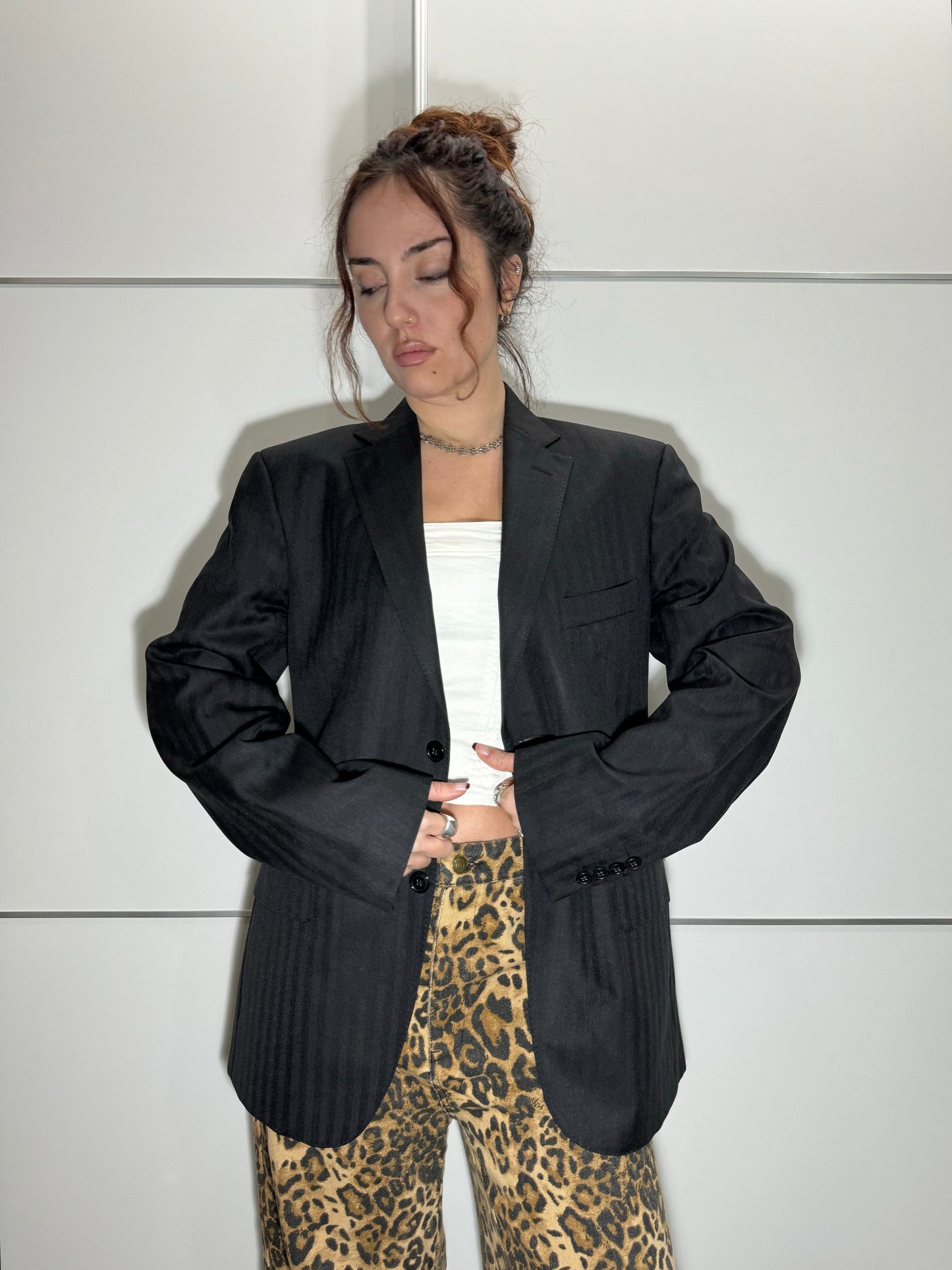 Blazer sartoriale oversize nero gessato, 100% lana