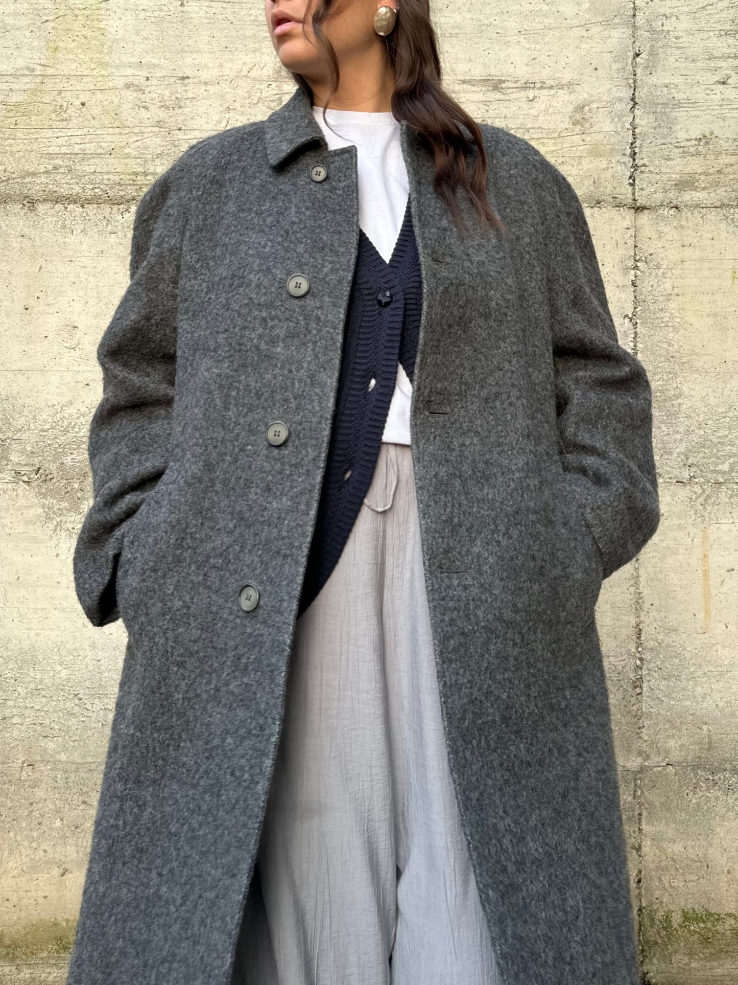 Cappotto lungo sartoriale grigio in misto lana e alpaca