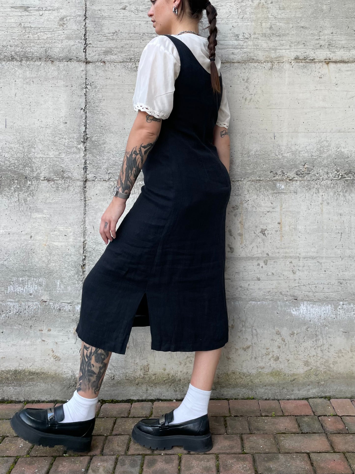 Vestito midi smanicato nero 100% lino - S