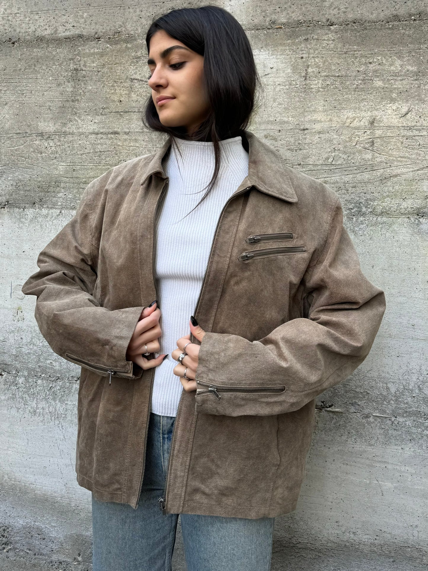 Biker in crosta di nappa beige effetto used