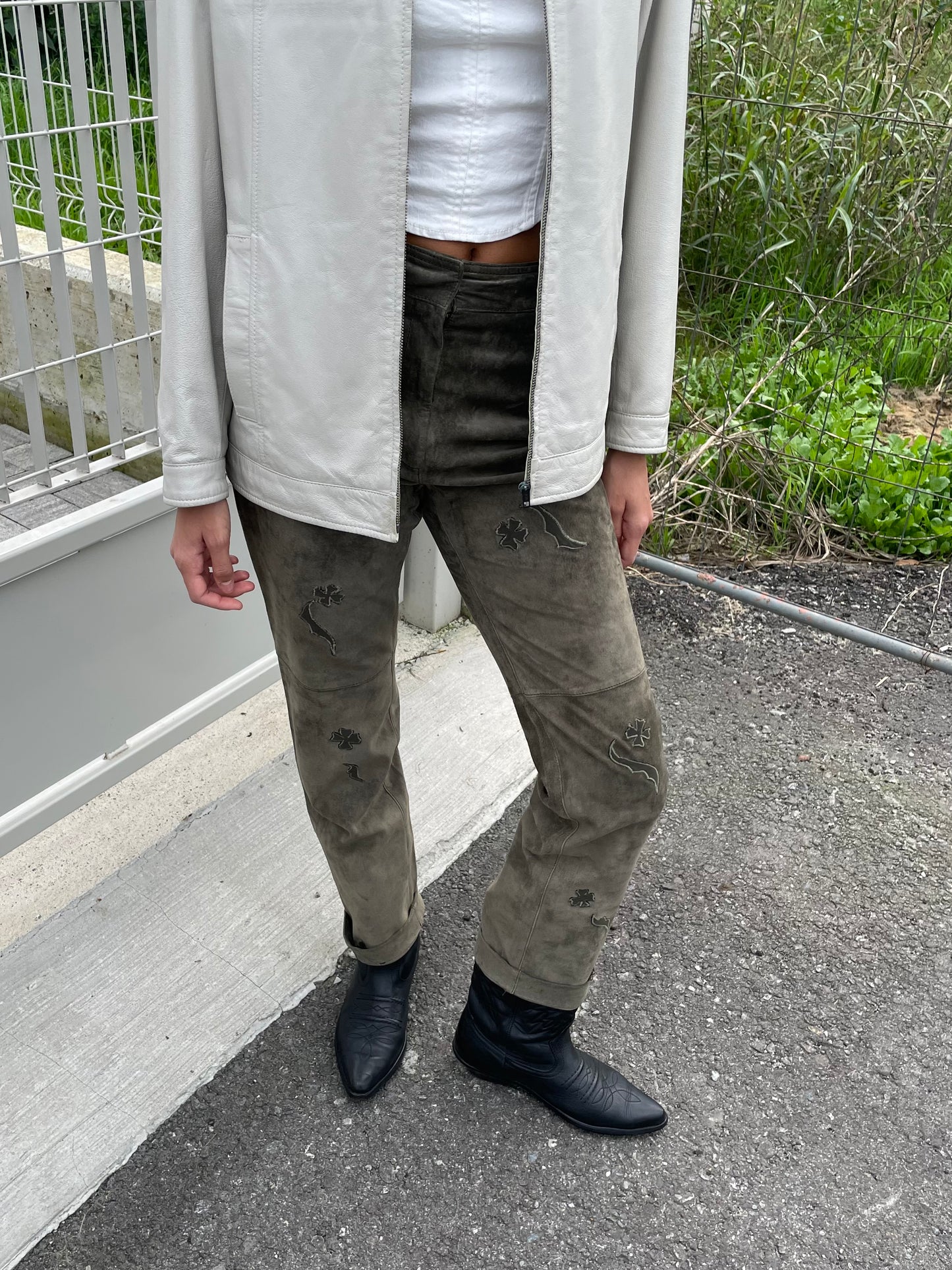 Pantalone skinny a vita alta suede, verde oliva - taglia XS/S