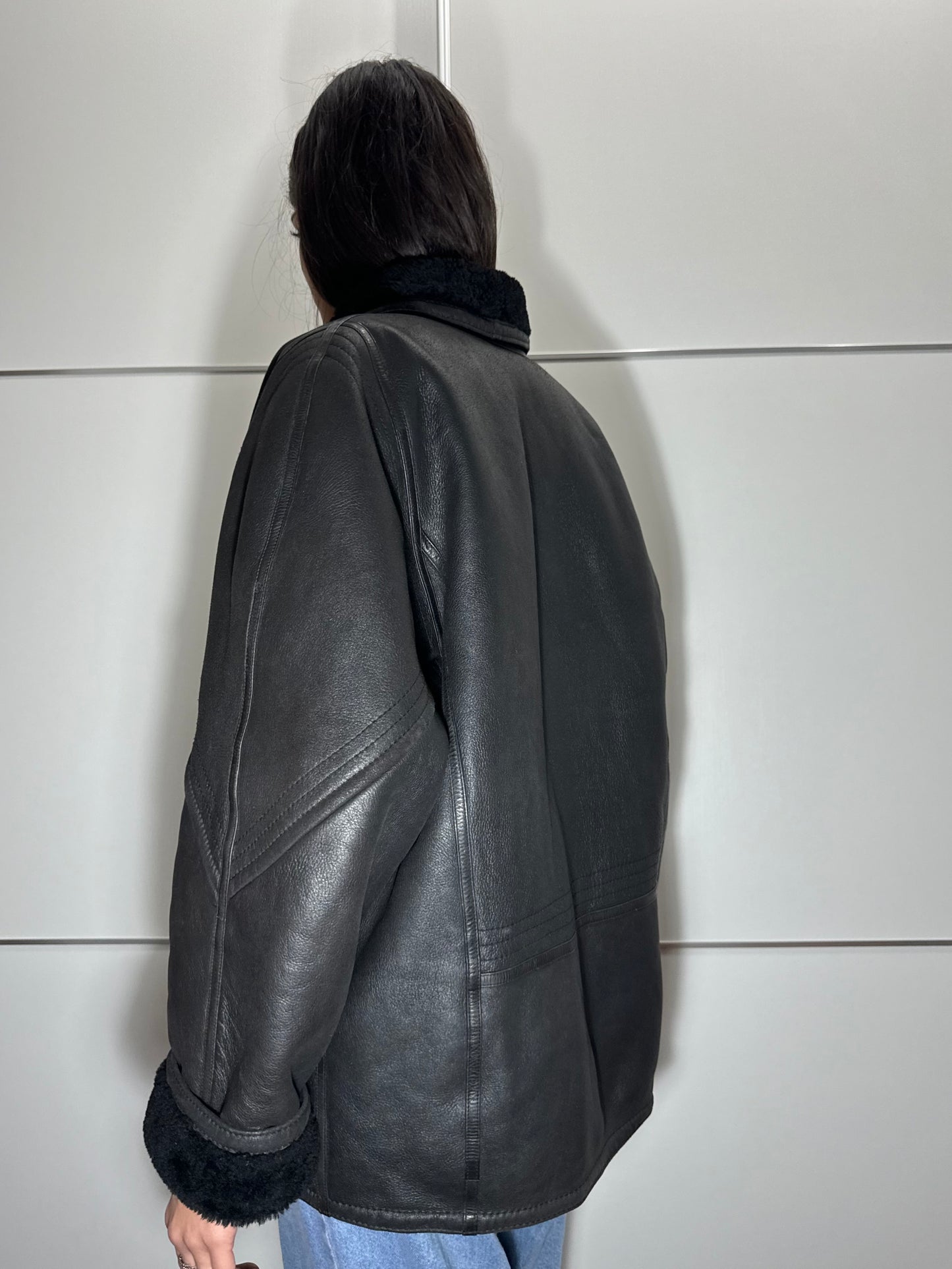 Montone originale Shearling in pelle nero, rara taglia piccola da donna