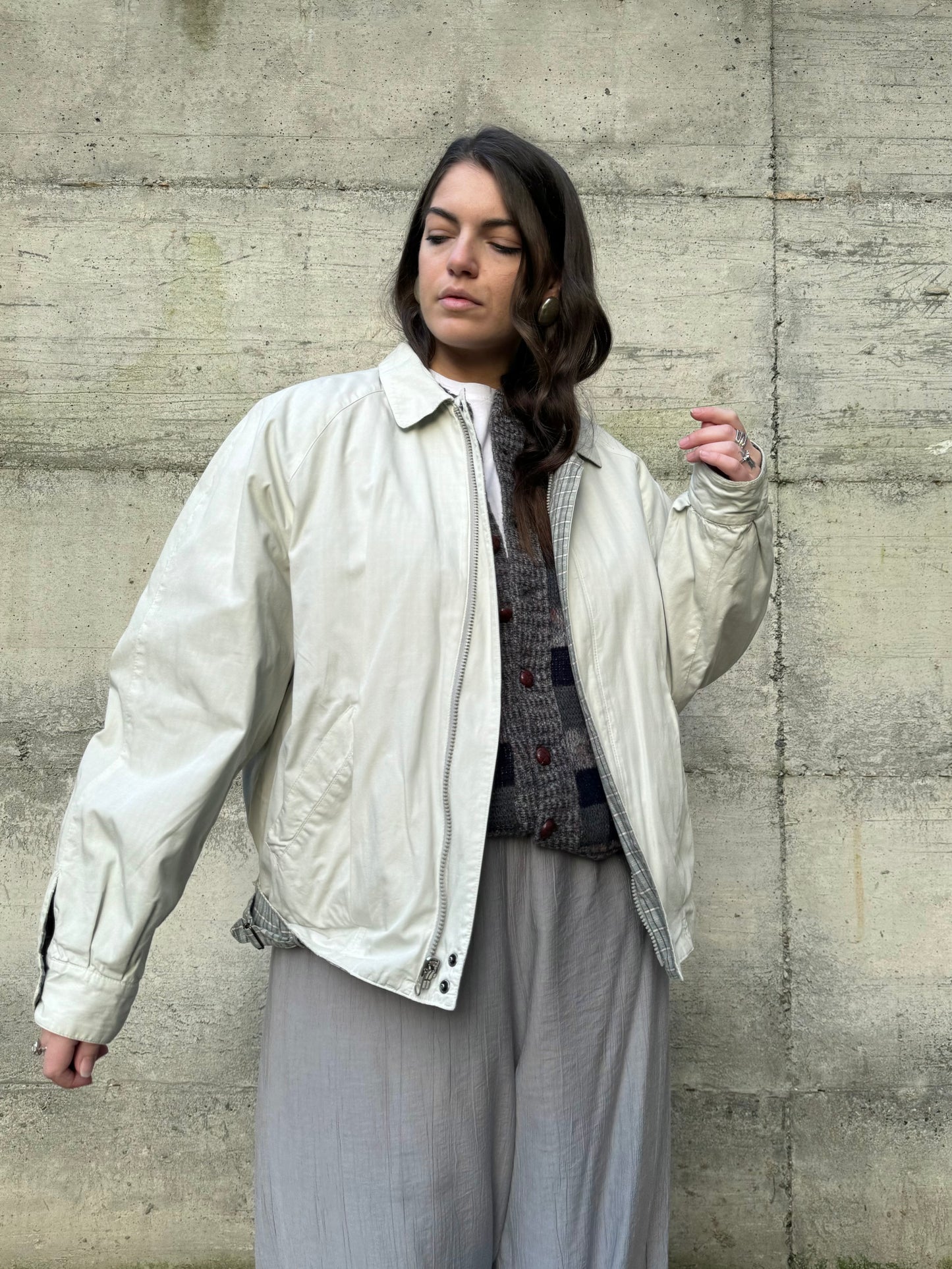 Bomber reversibile ghiaccio in 100% cotone, lato interno tartan sui toni del turchese