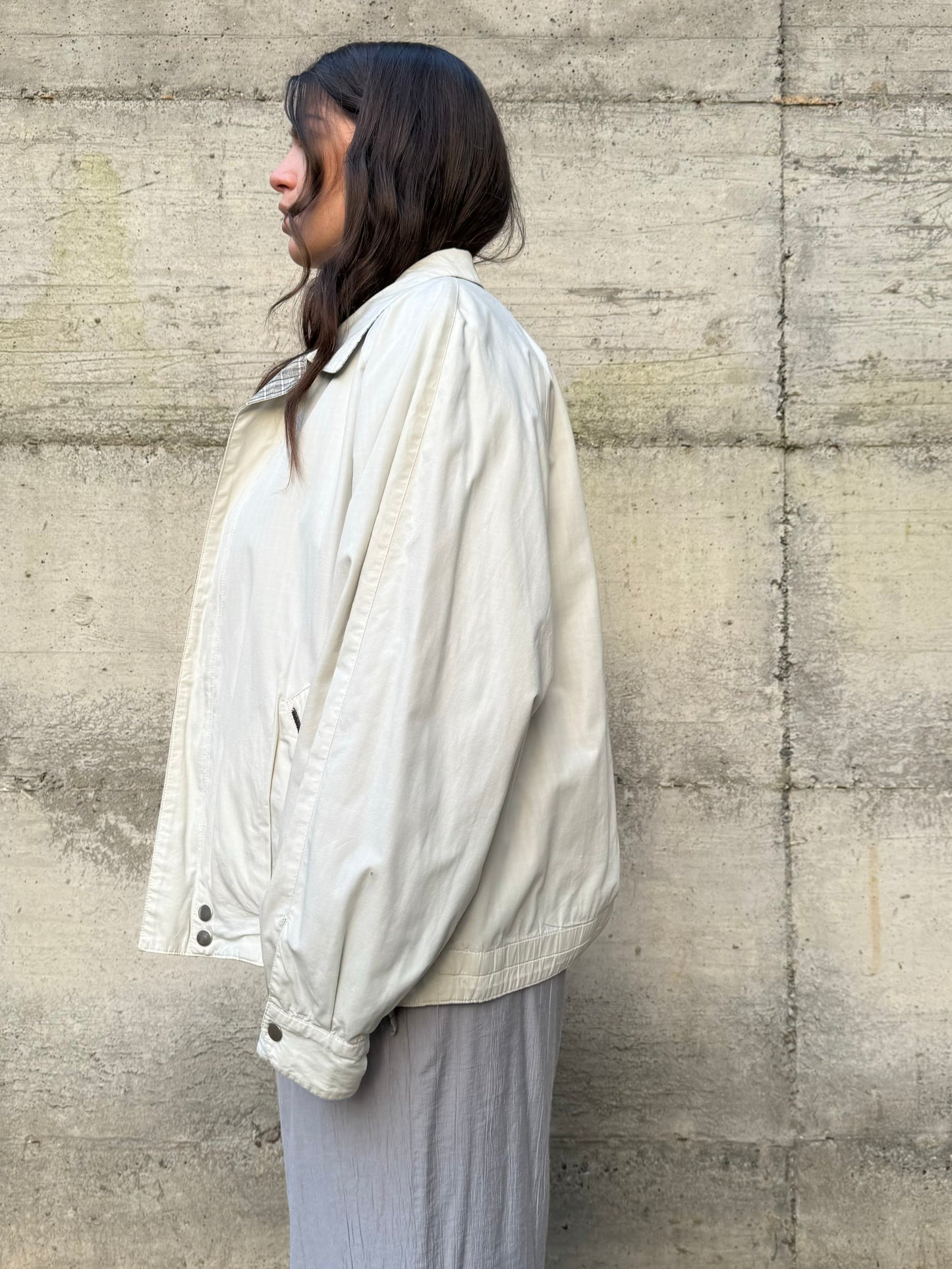 Bomber reversibile ghiaccio in 100% cotone, lato interno tartan sui toni del turchese