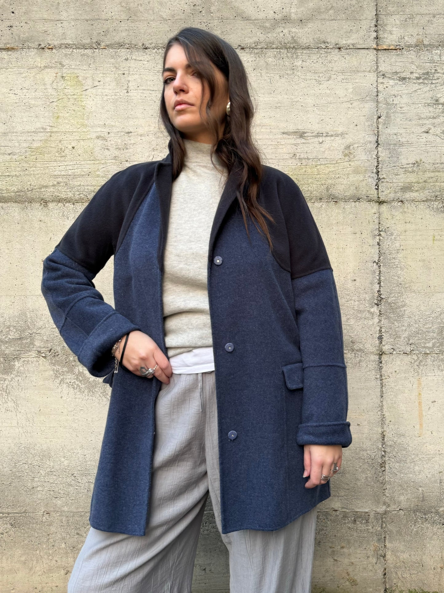 Cappottino Intrend blu mezza stagione, 85% lana 15% lyocell