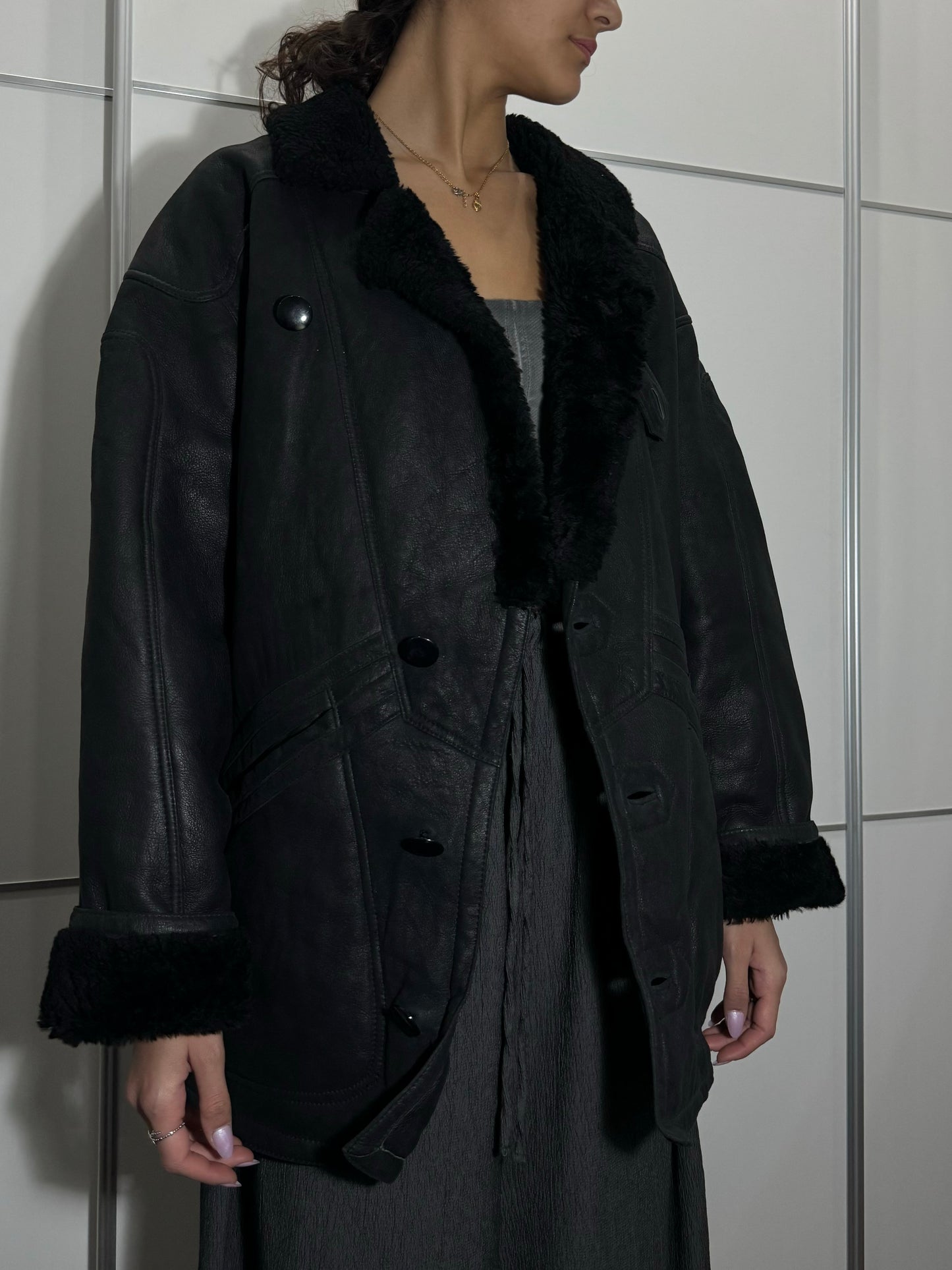 Montone Shearling in pelle nero, taglia 48it uomo