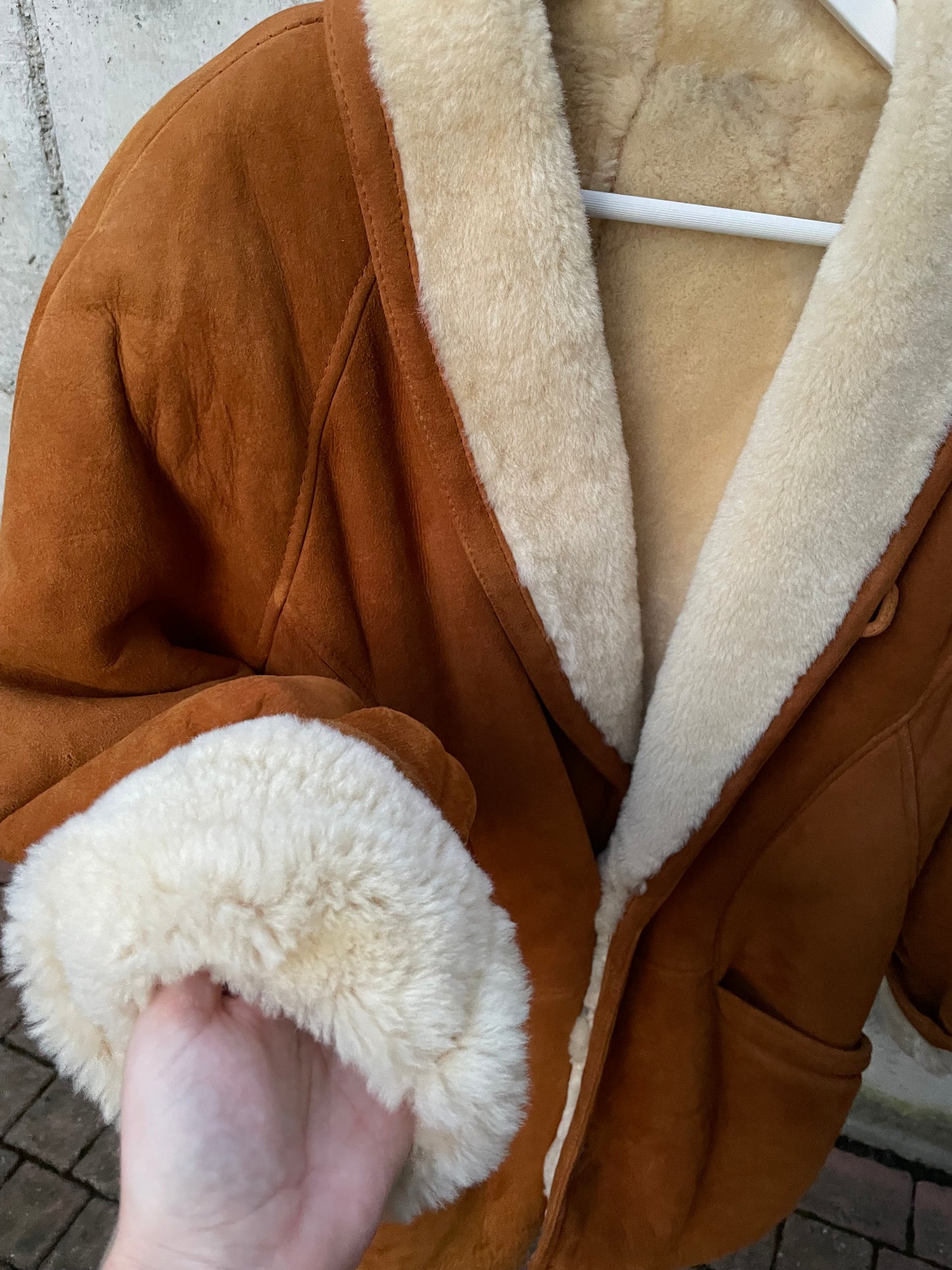 Montone originale Shearling caramello scamosciato, taglia 50it uomo