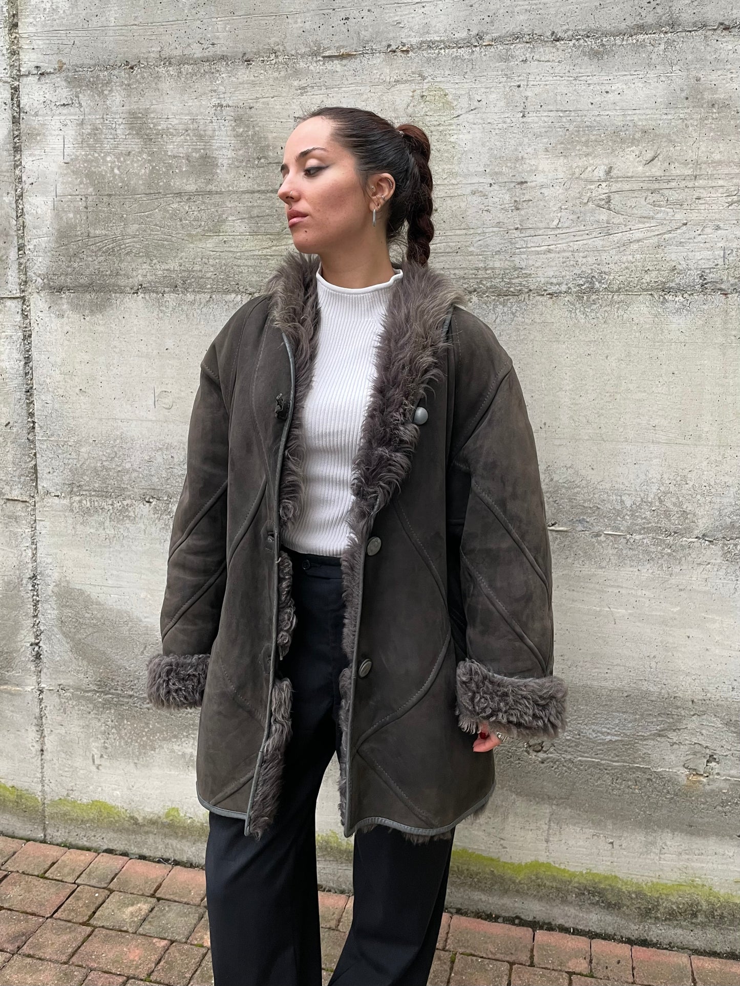 Montone originale Shearling a pelo lungo grigio topo