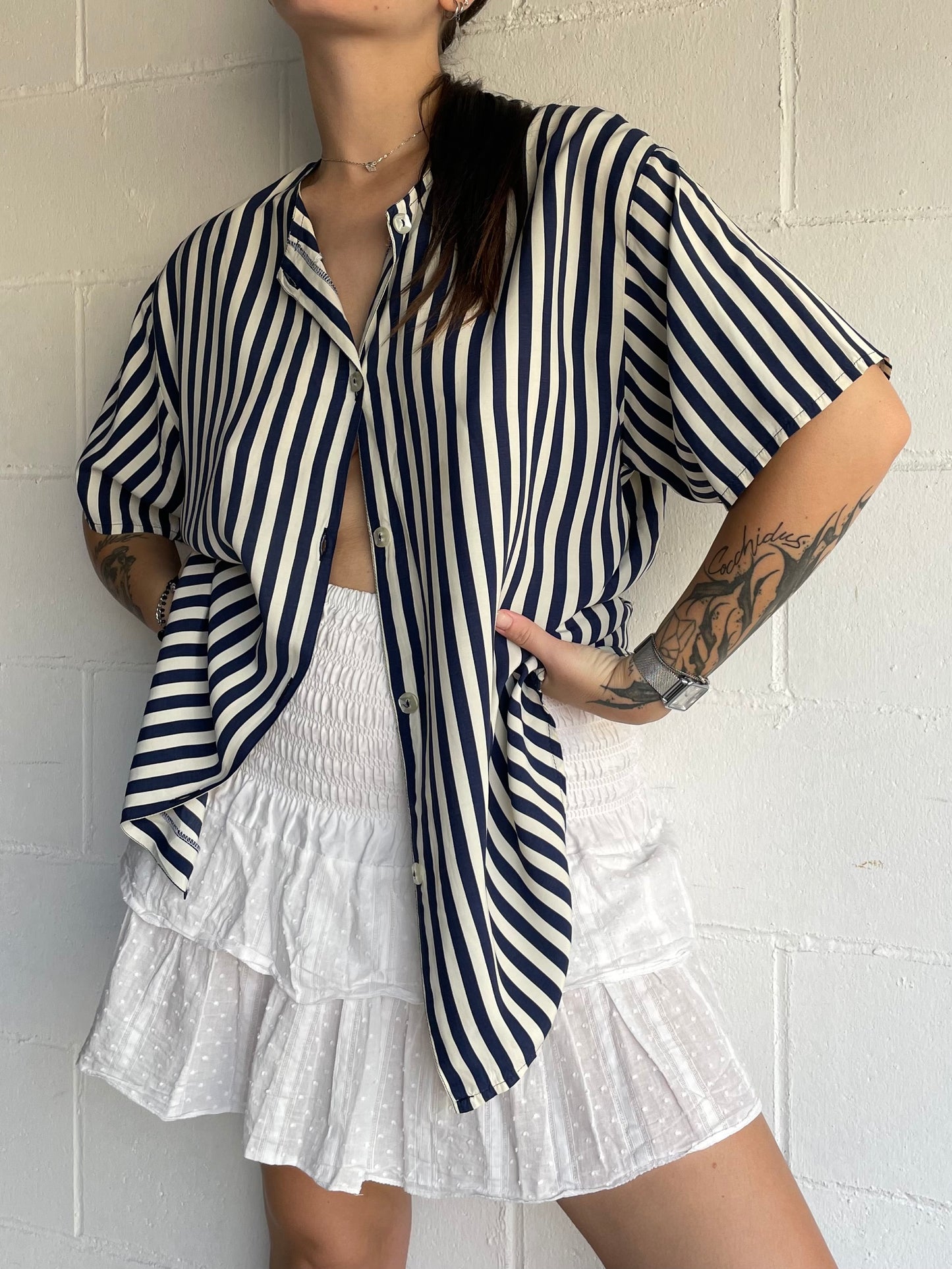 Camicetta sartoriale a righe bianca e blu, 100% viscosa, taglia L