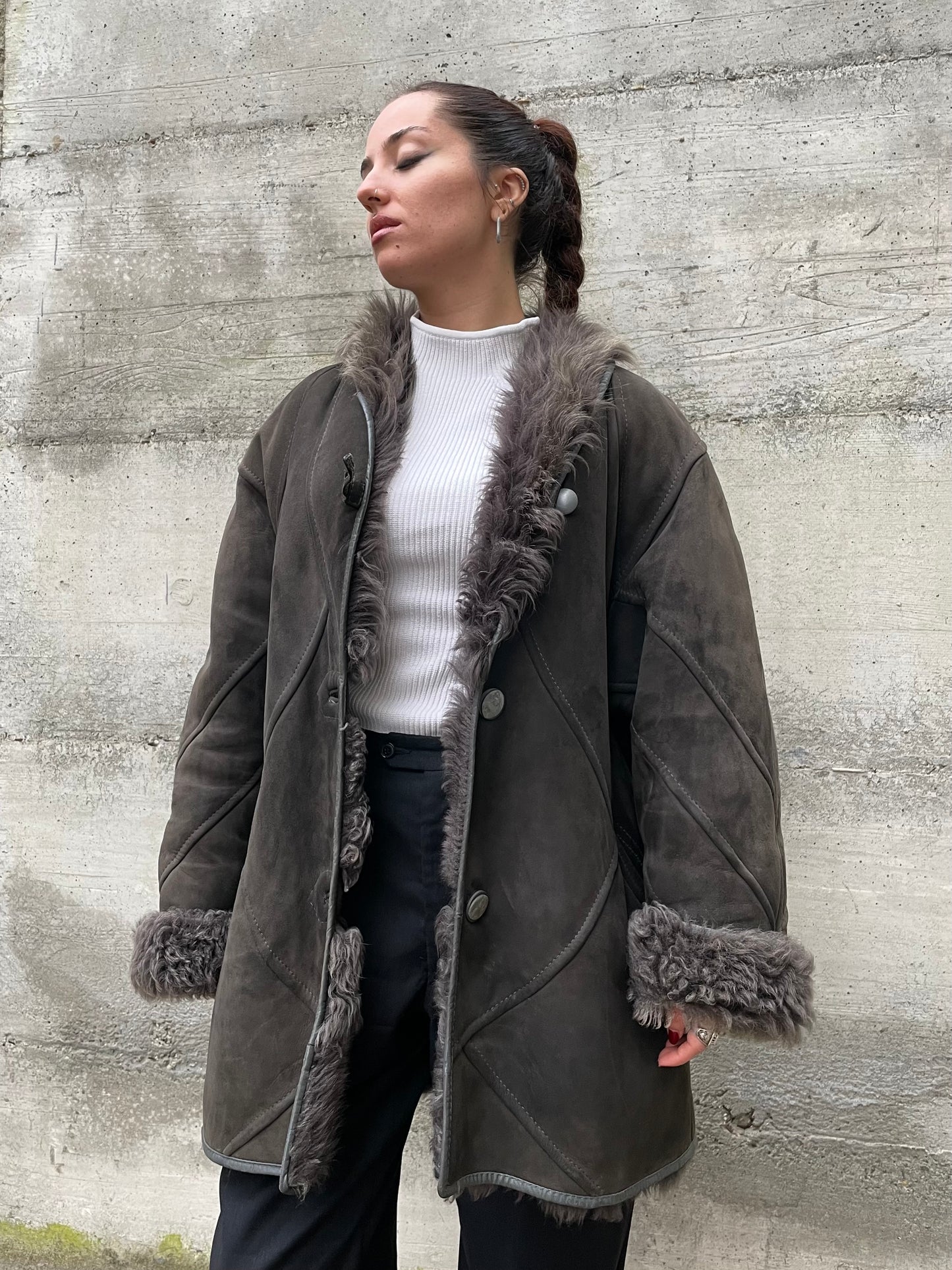 Montone originale Shearling a pelo lungo grigio topo