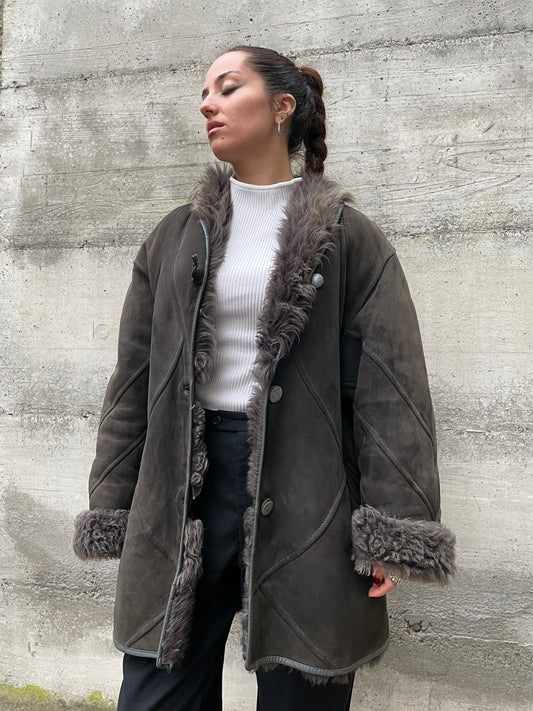 Montone originale Shearling a pelo lungo grigio topo